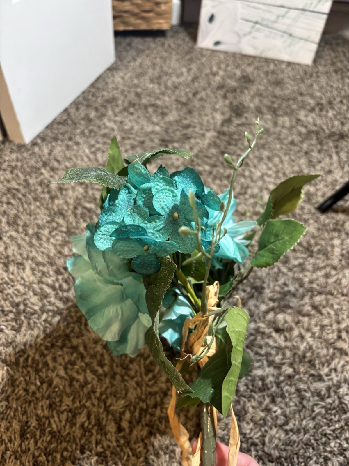 Teal Blue Artificial Flower Bouquet – Mixed Faux Blooms & Greenery, Rustic Wrap