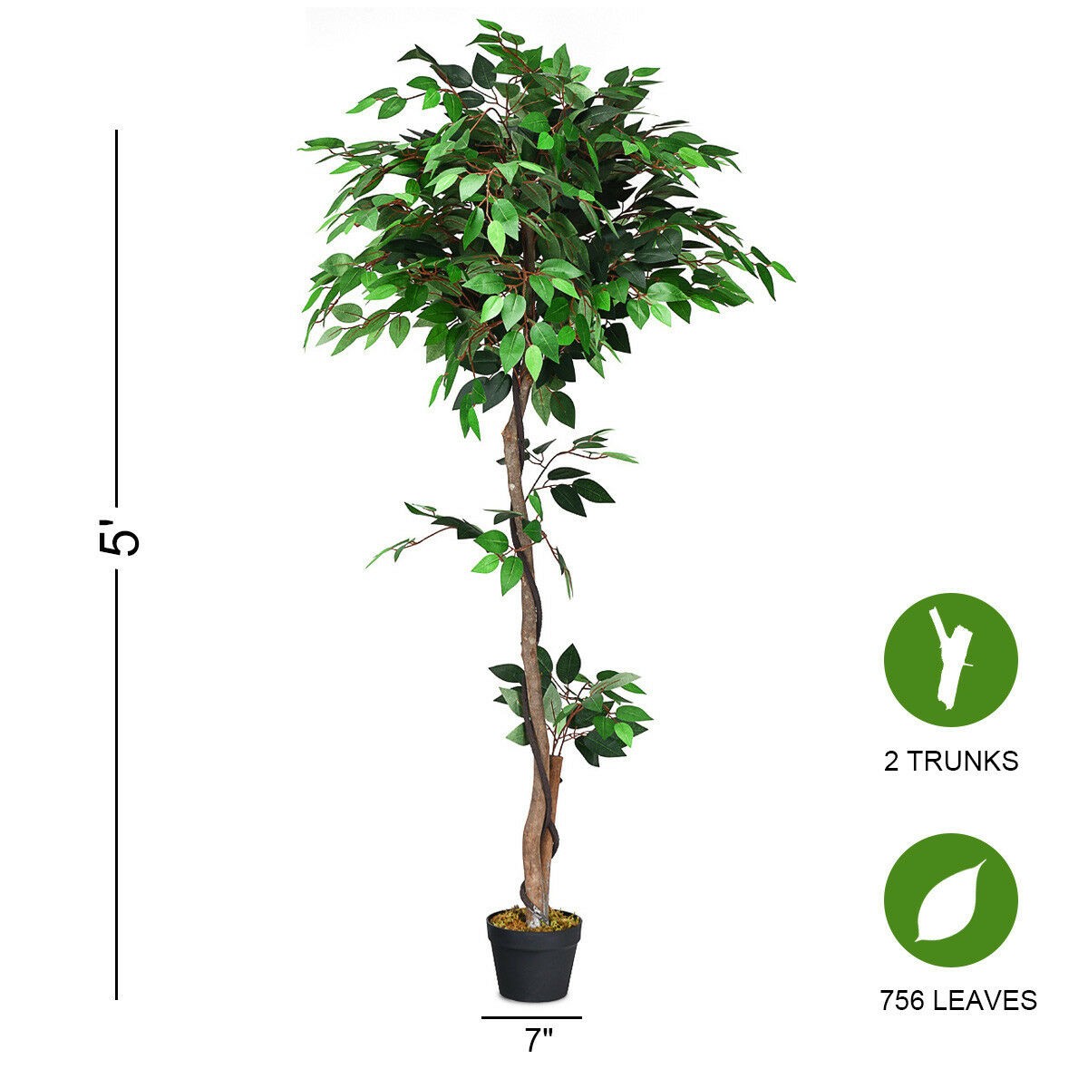 5.5-Feet Artificial Ficus Silk Tree Wood Trunks Green Indoor Yard Home Décor