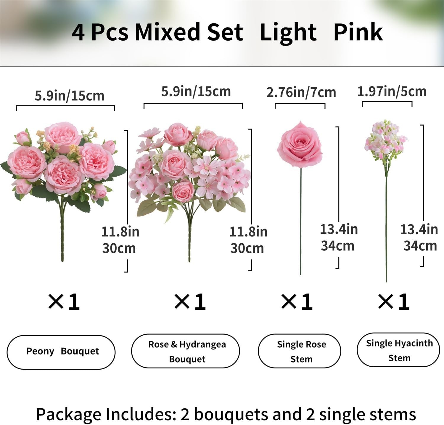 4 Pcs Light Pink Artificial Peony Set – 2 Bouquets & 2 Stems for Elegant Decor