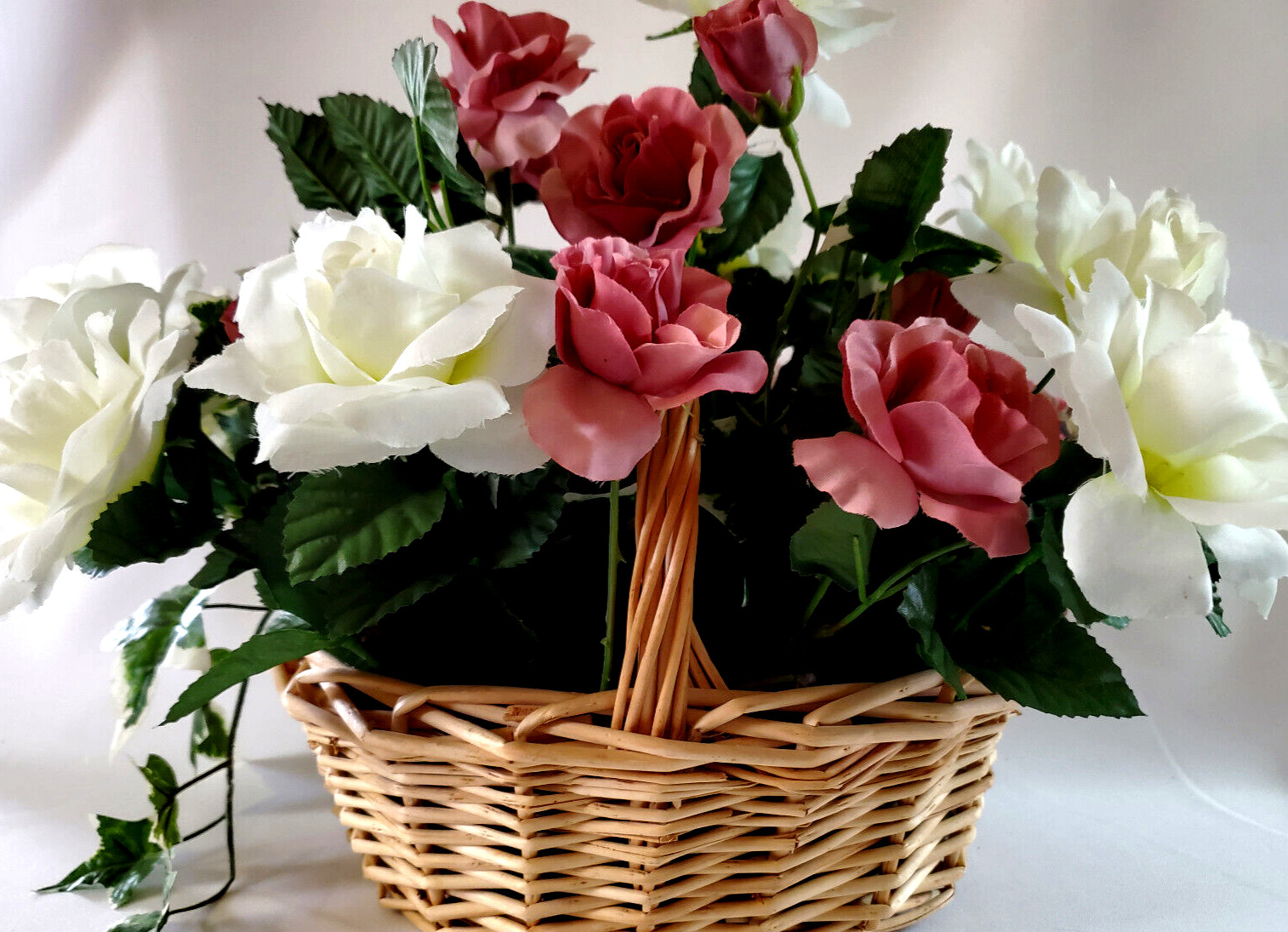 Fresh Spring Garden Pink & White Roses Silk Floral Arrangement in a Woven Basket