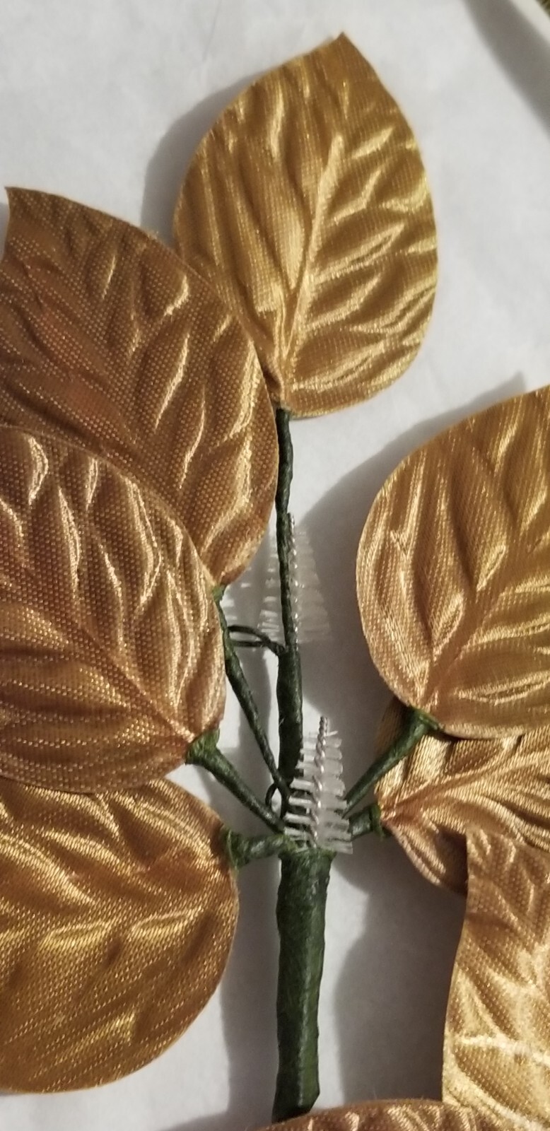 TWO Gold Fabric Rose 2″ Leaf Stems 6 leaf cluster. MY12