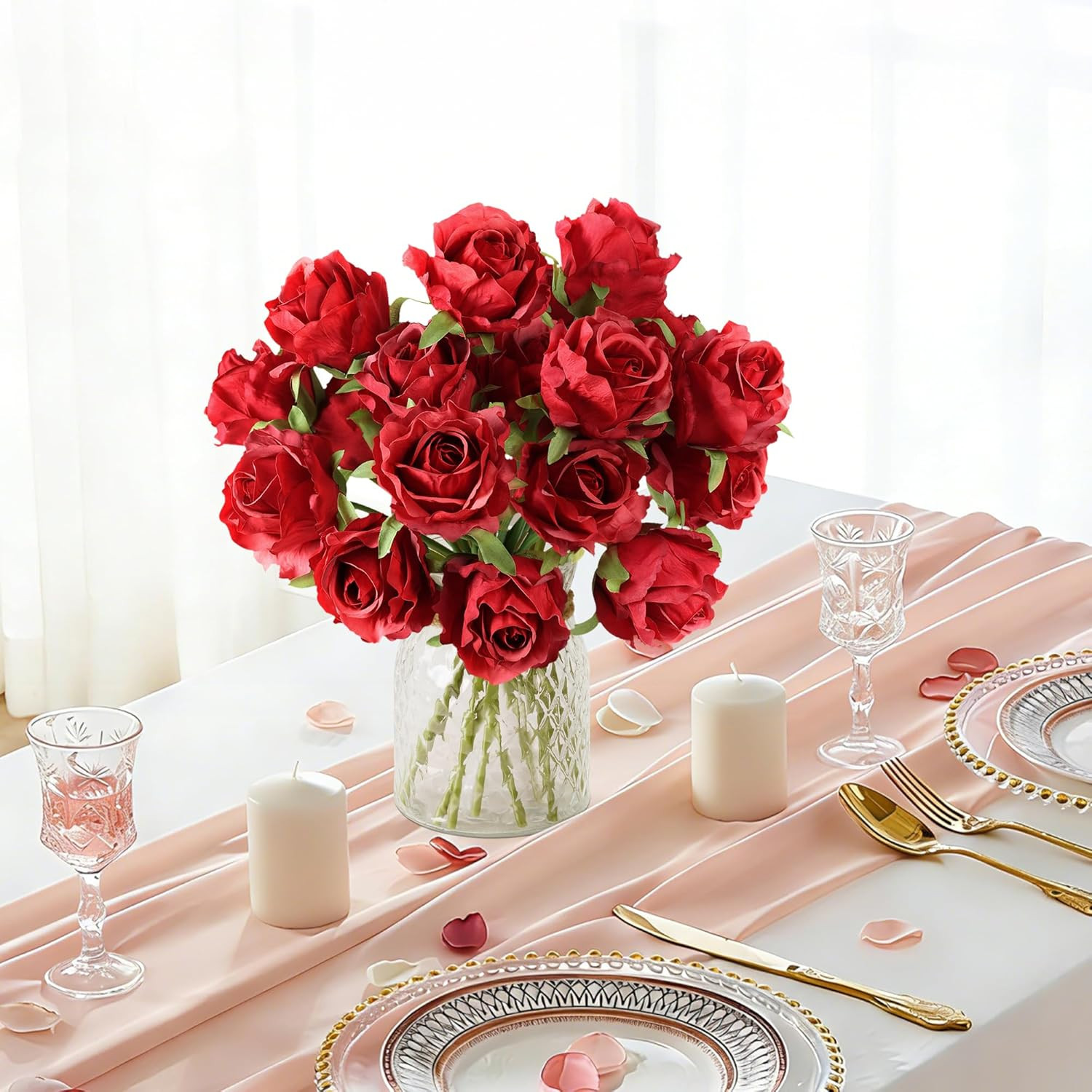 18-Piece Realistic Red Silk Roses Bouquet for Home, Weddings, and Gifts