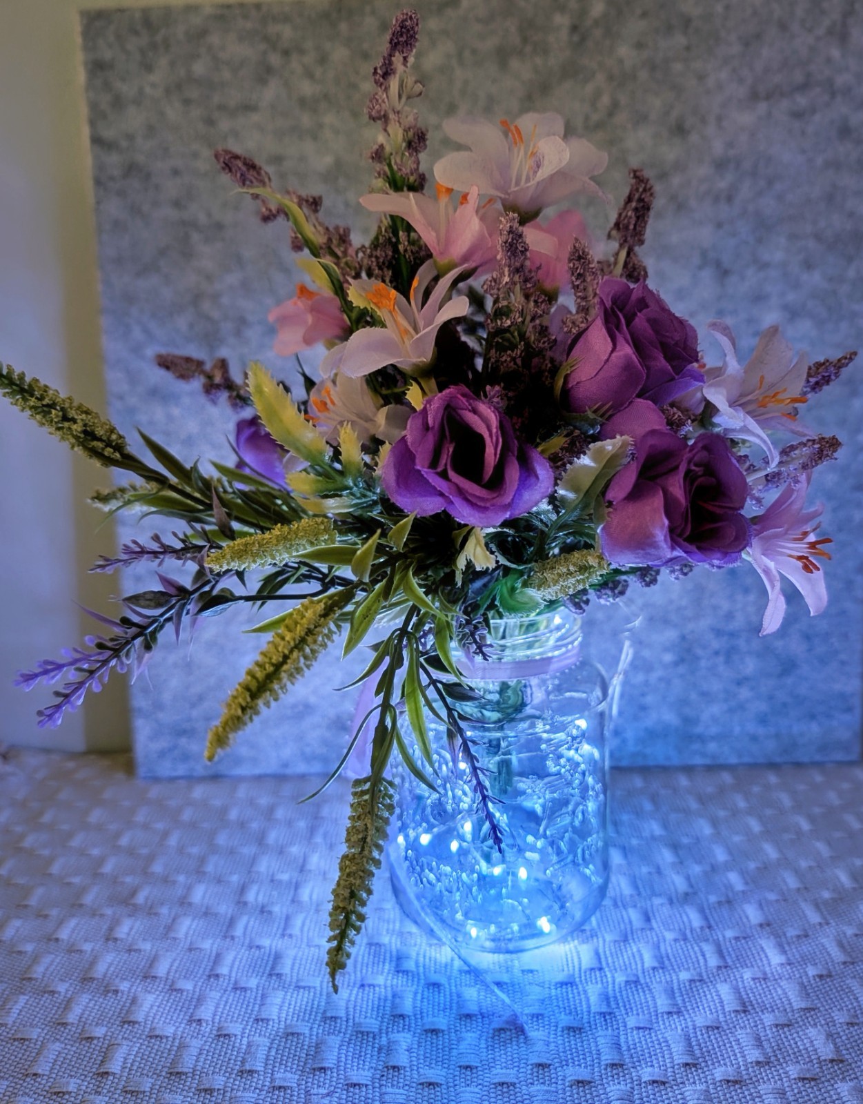 Purple Floral Arrangement, Mini Roses, Fressia, Lighted Mason Jar (Timer)