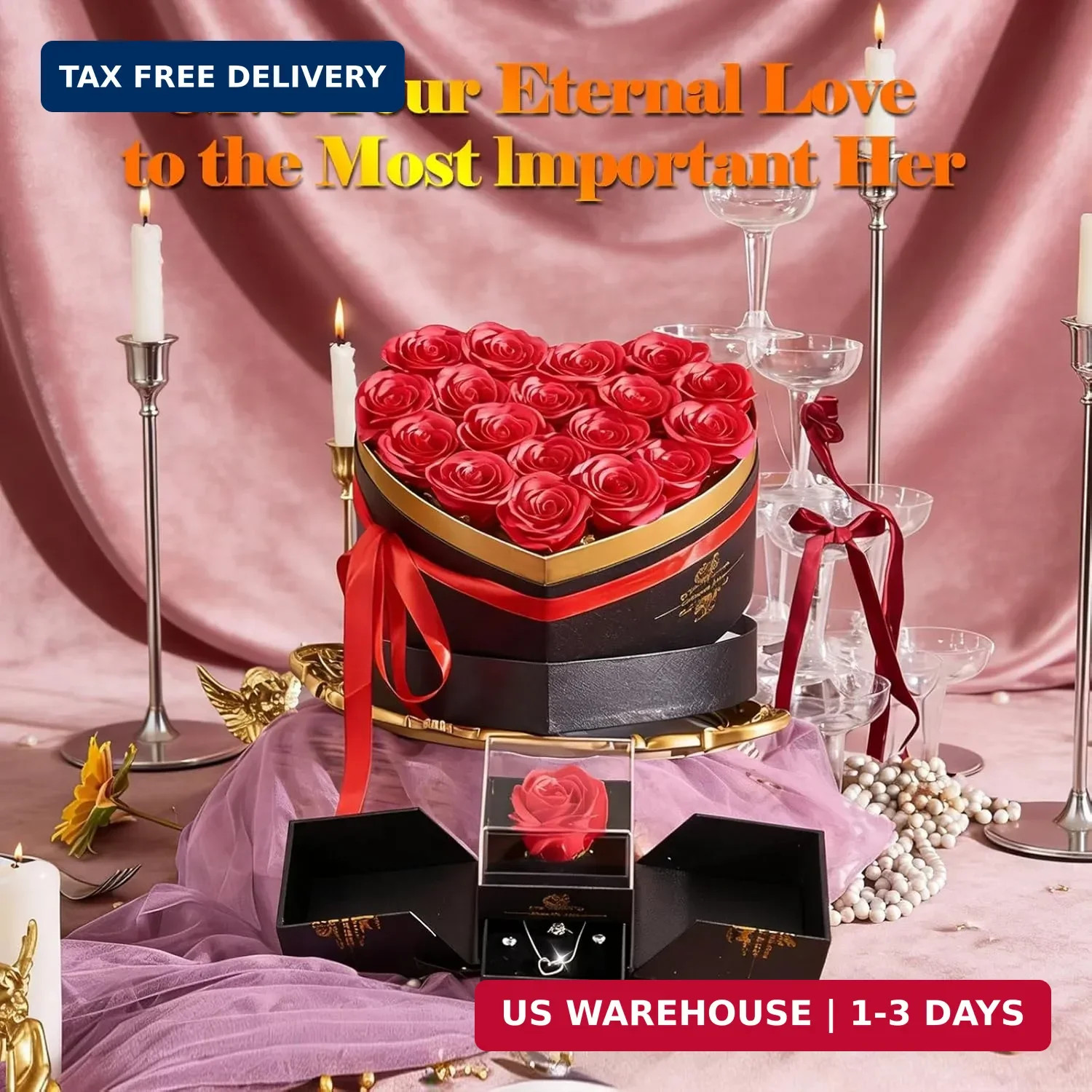 Artificial Forever Preserved Flowers Box & Preserved Roses with Necklace Ring Ea