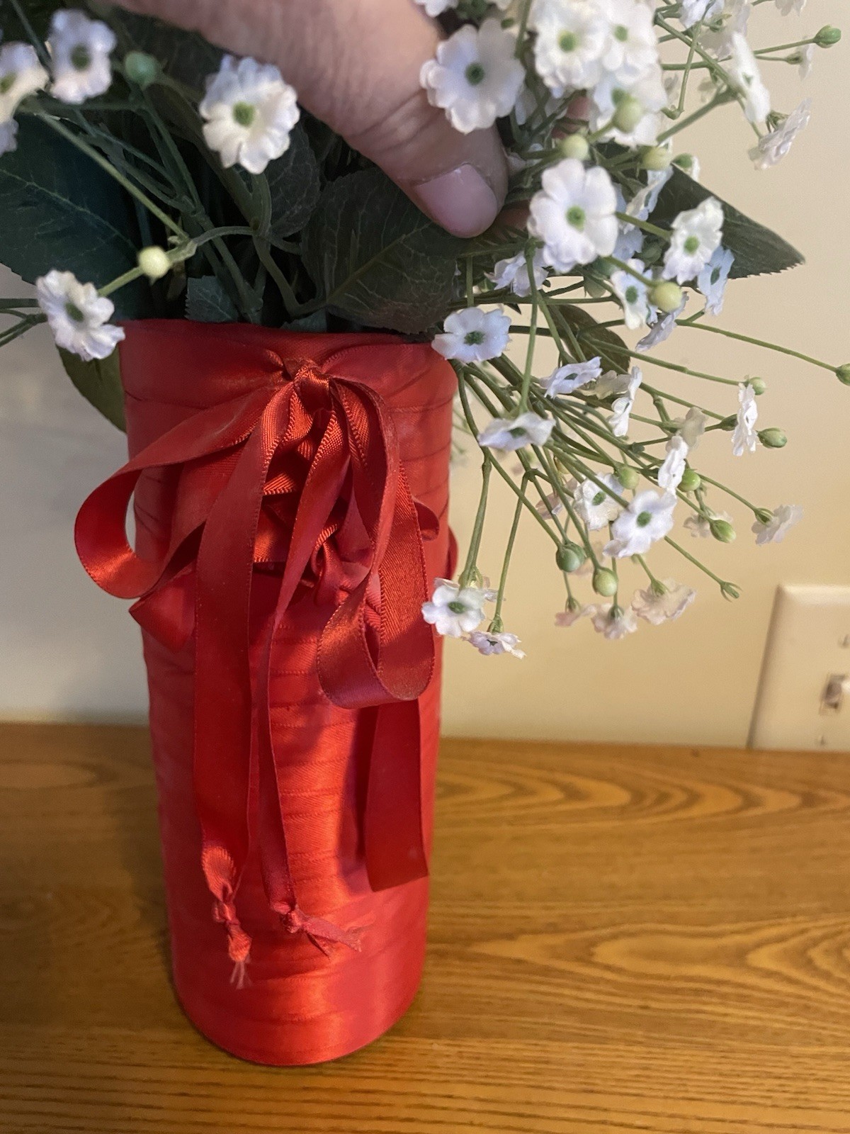 Silk Red Roses and Baby’s Breath Mothers Day Arrangement Glass Vase Red Ribbon