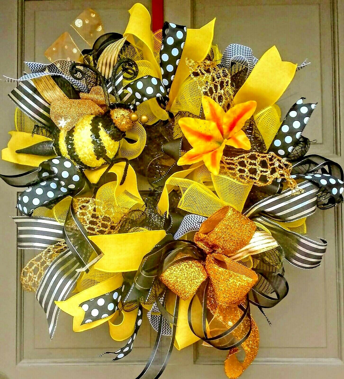 Spring Summer Bee Wreath Large Deco Mesh Floral Farmhouse Front Door Decor