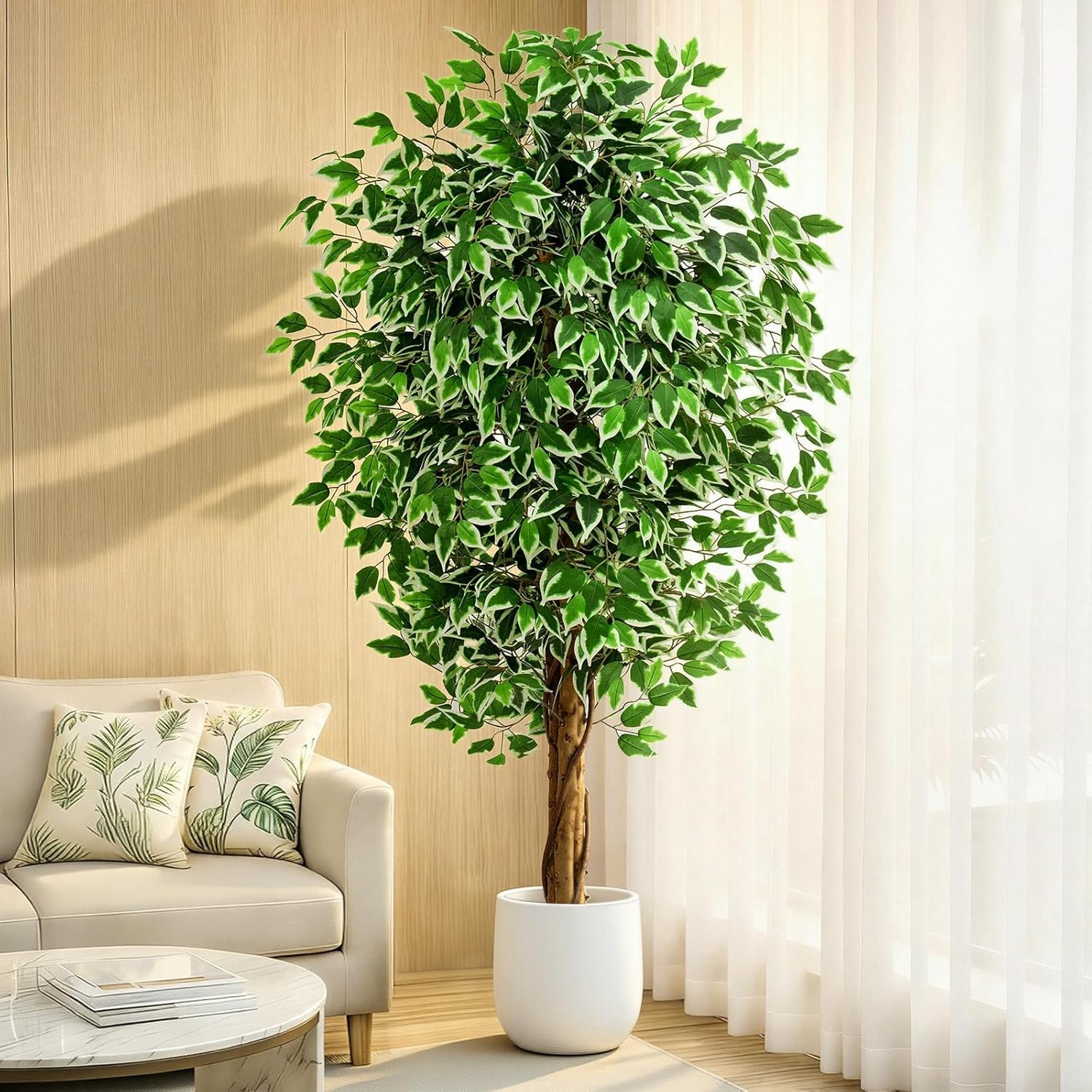 6.2ft Ficus Artificial Trees with 3 Natural Curved Trunks, 74″ Tall Lush Faux