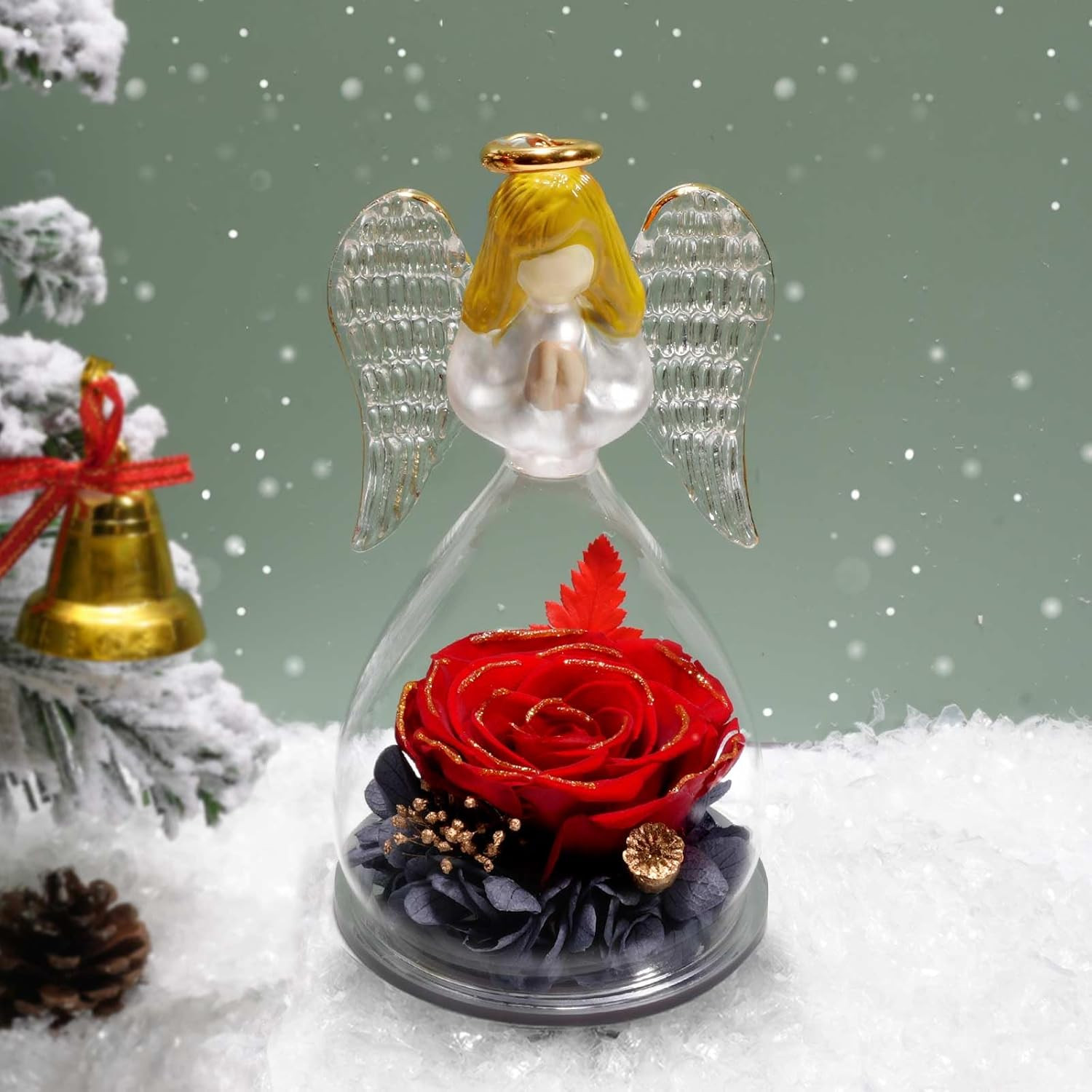 Preserved Flowers Rose Birthday Gifts for Women Mom in Glass Angel Figurines, Mo