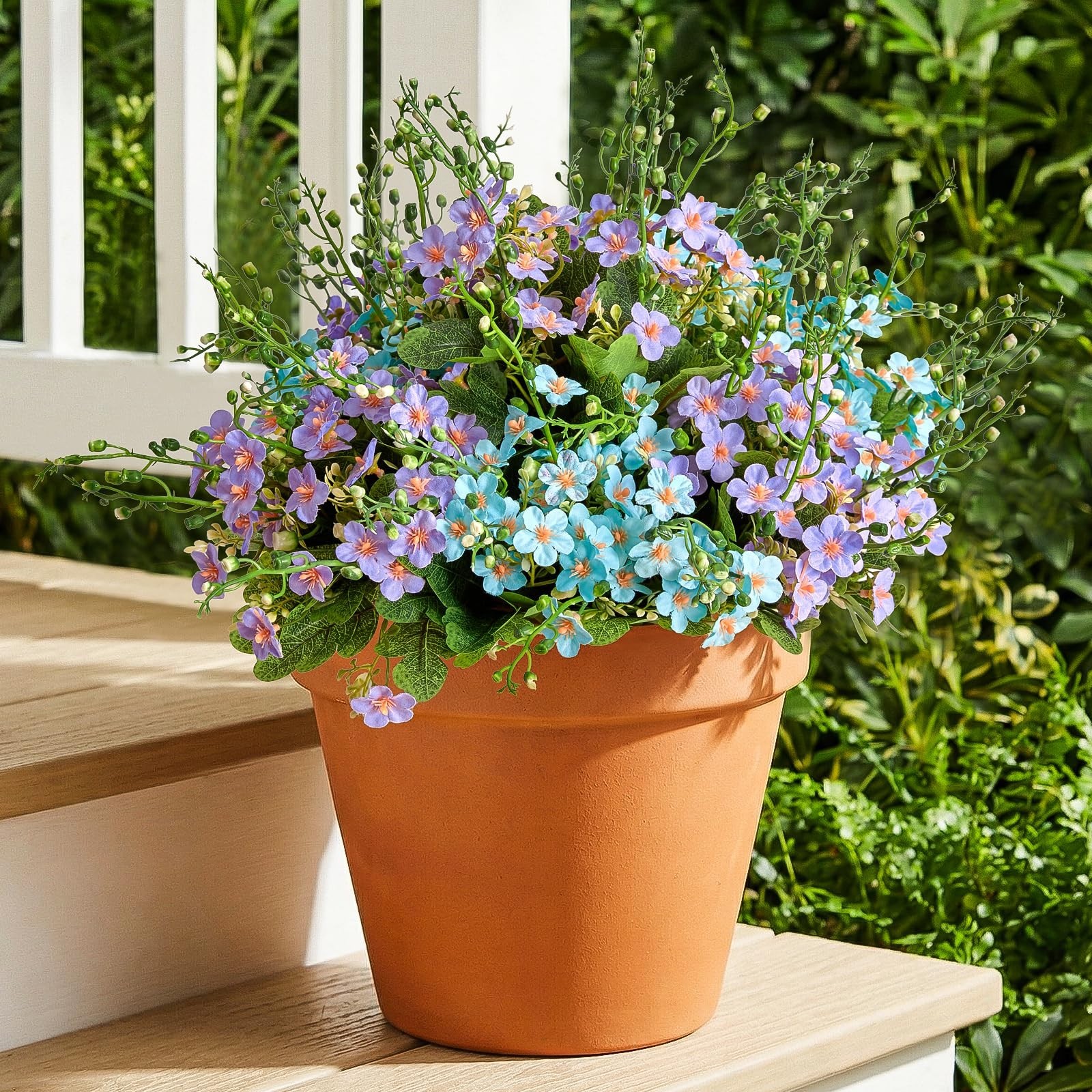 Artificial Flowers for Outdoors – Blue & Purple Forget-Me-Not Faux Plants, 4 Bun