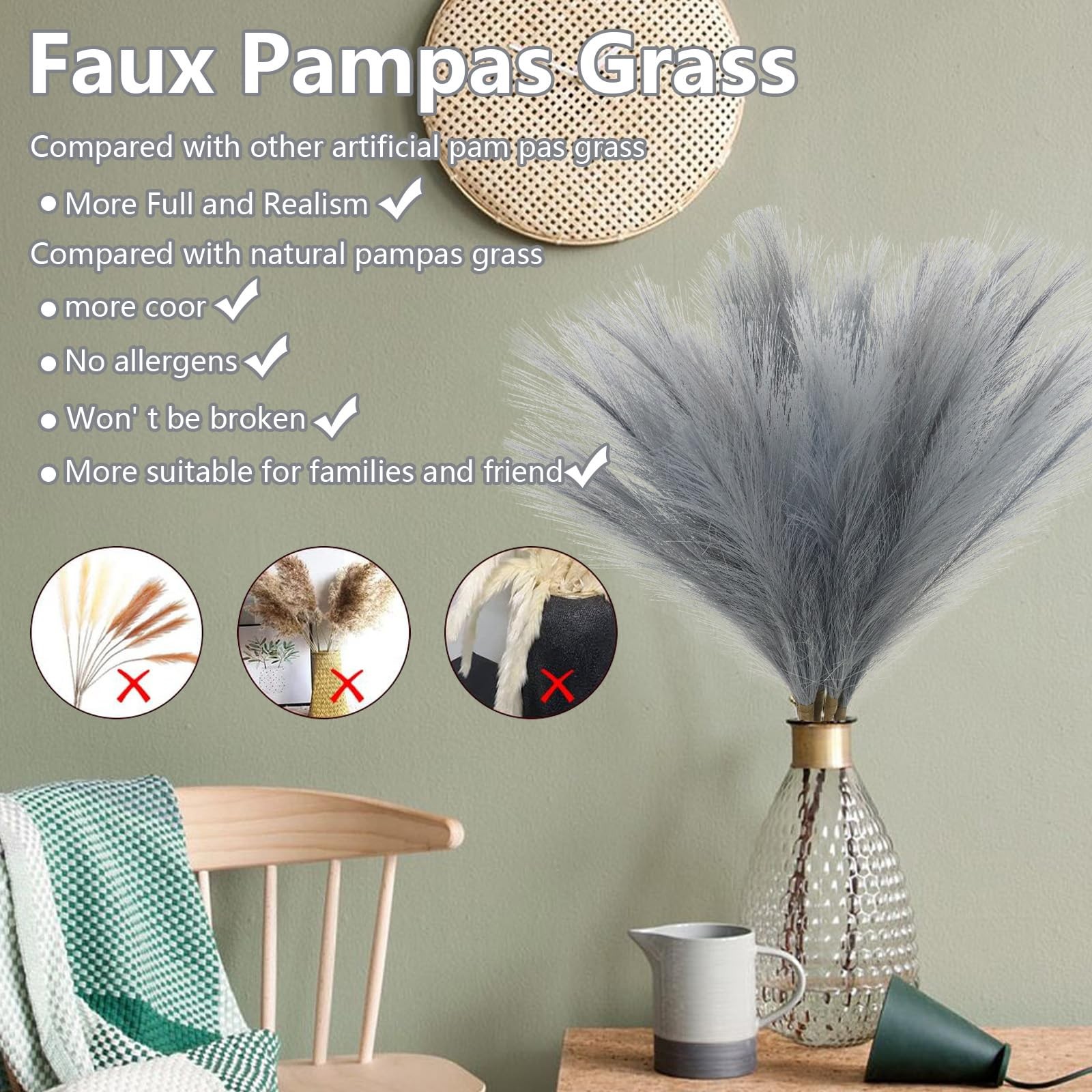 5pcs 30″ Gray Pampas Grass Fluffy Dried Floral Decor for Home Vases