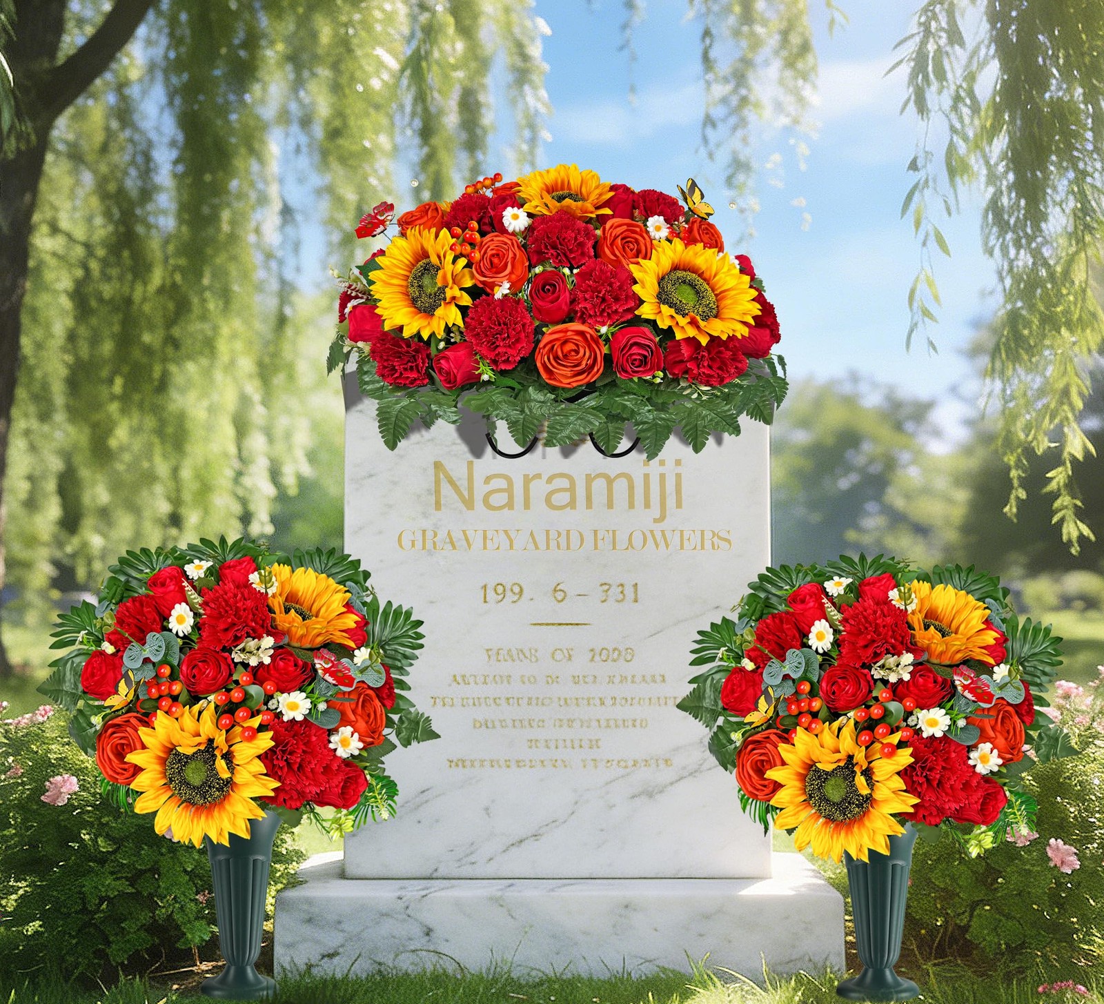 Cemetery Flowers with Grave Vase and Headstone Flower Saddle of Red Sunflower…