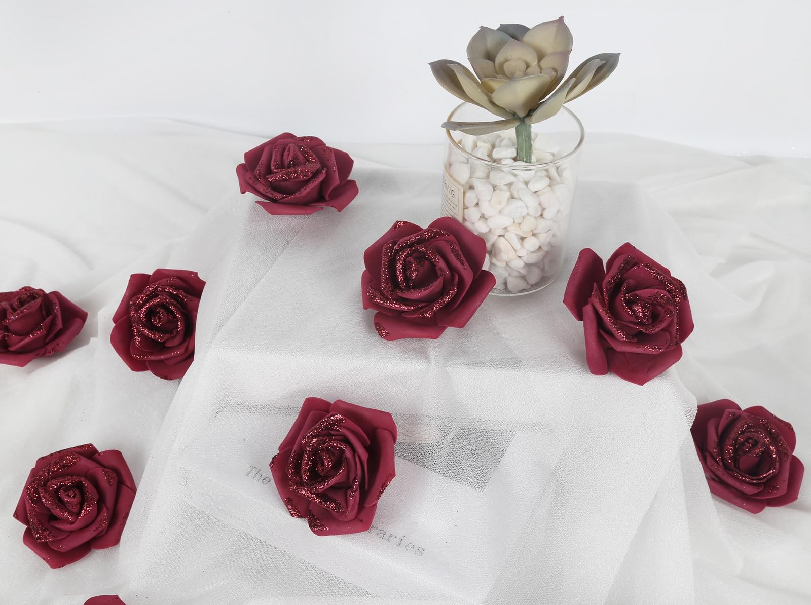 100 PCS 2.56 Inch Burgundy Glitter Foam Roses Fake Artificial Flowers Bridal