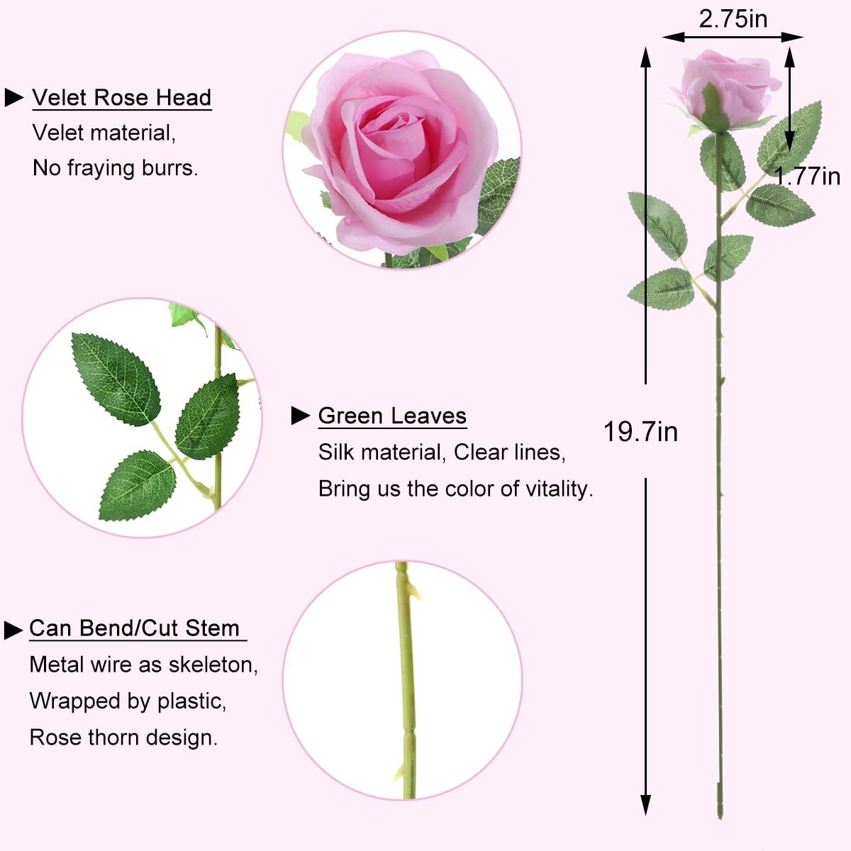 Pearl Gradient Pink Faux Velvet Silk Artificial Fake Roses Flowers 12 PCS