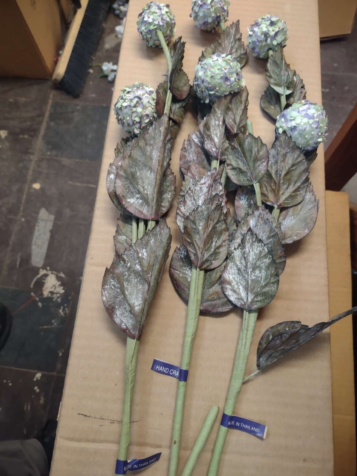 3 Stems Globe Flowers, Dry-Look Lavender/Green w/Dusty Leaves, Wired, 24″ Length