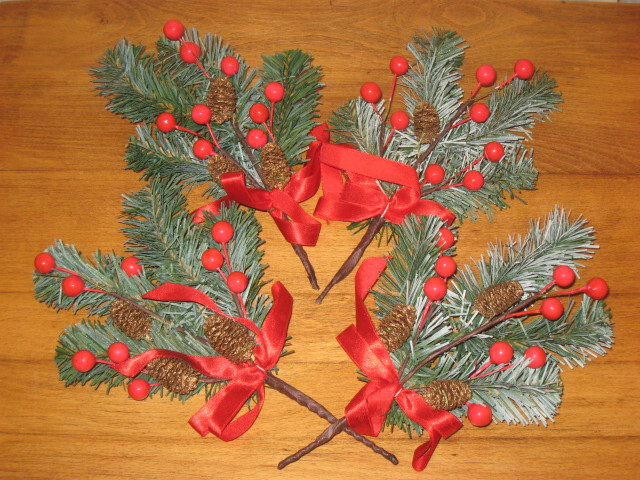 4 SPRINGS OF PINE, RED BERRIES, CONES & RED SATIN RIBBON