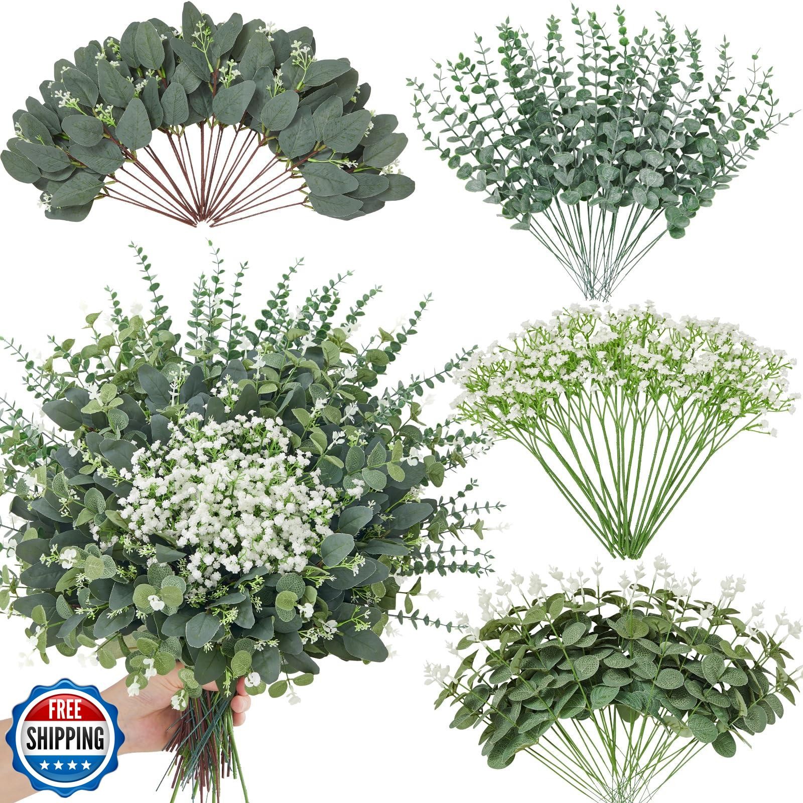 Faylifeway 240 Pcs 4 Kinds Mixed Faux Eucalyptus Stems, Baby Breath Flowers A