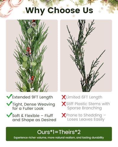 9FT Artificial Christmas Garland with Pine Cones, Red Berries and Eucalyptus