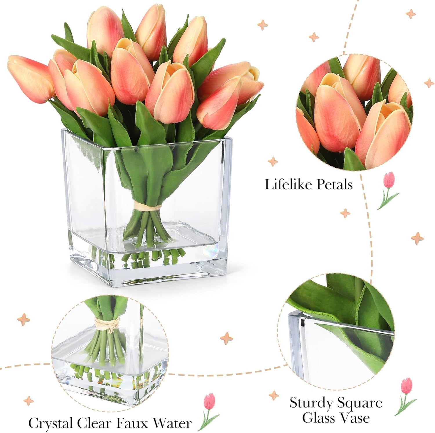 Orange Tulip Artificial Flower w/ Glass Vase Faux Water Silk Faux Tulip Flower