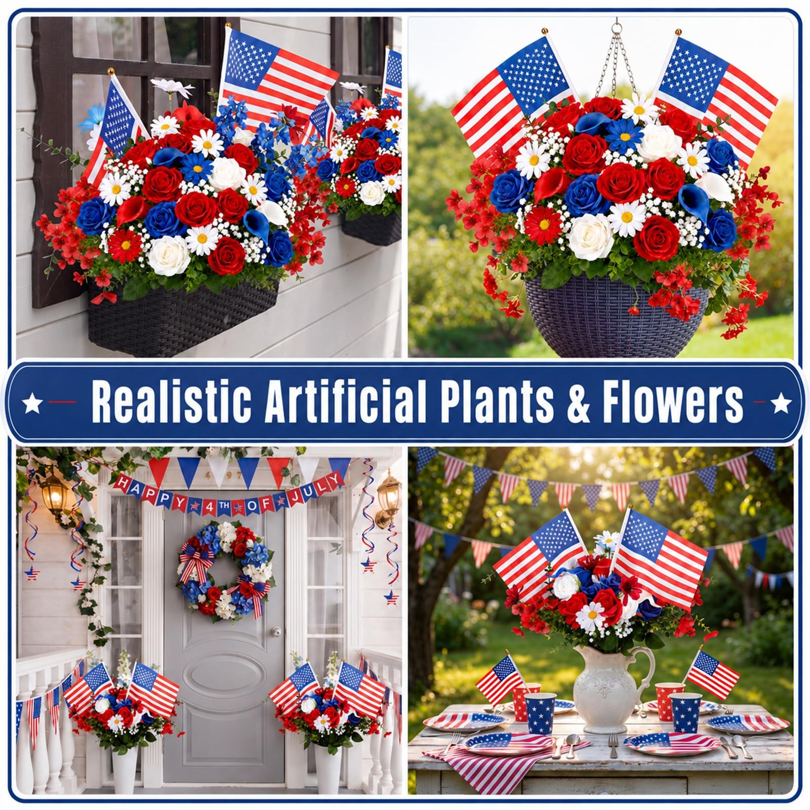 40 Pcs Memorial Day Artificial Flowers for Cemetery Red White and Blue Flower…