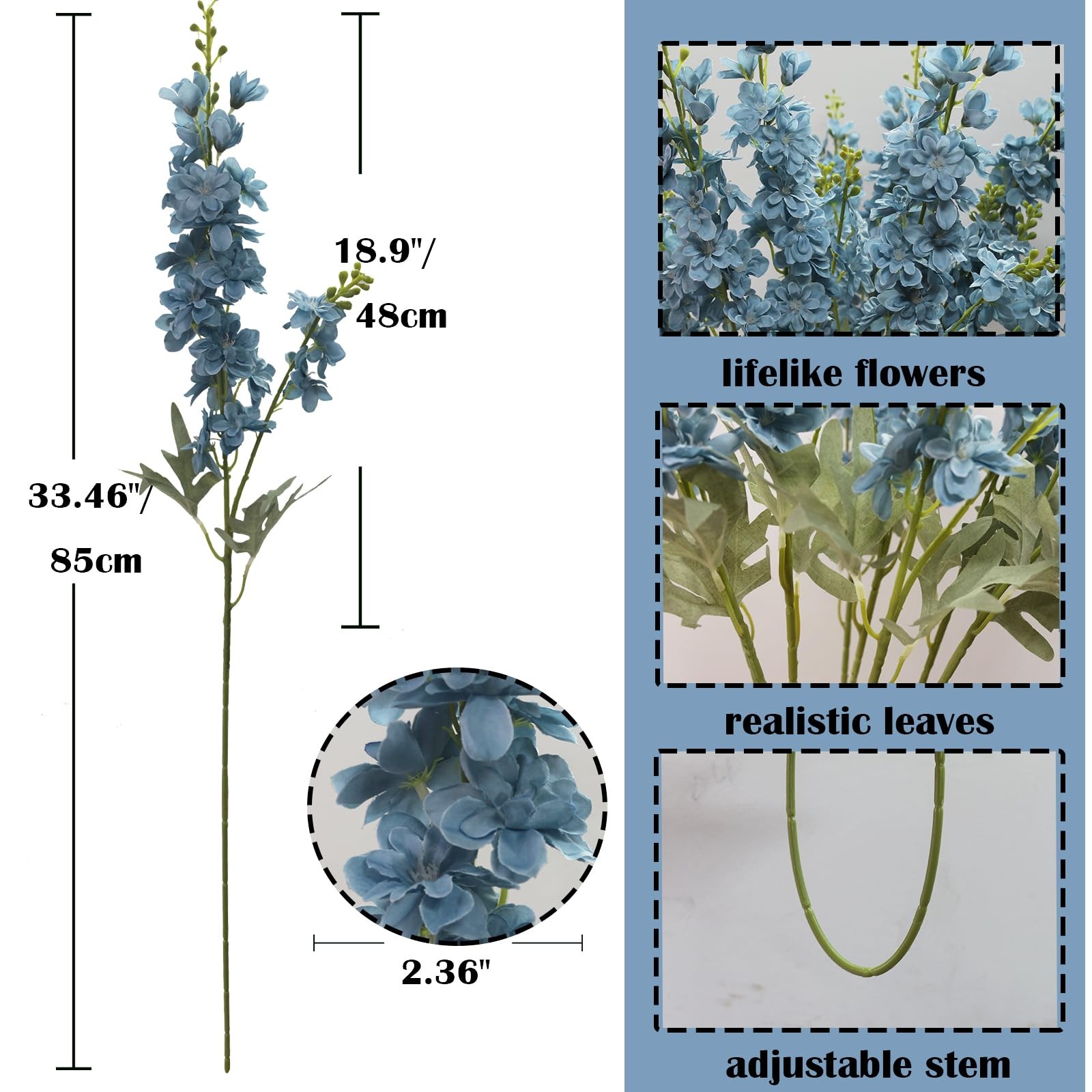 8 PCS Dusty Blue 33.46 Inch Artificial Delphinium Larkspur Tall Fake Flowers