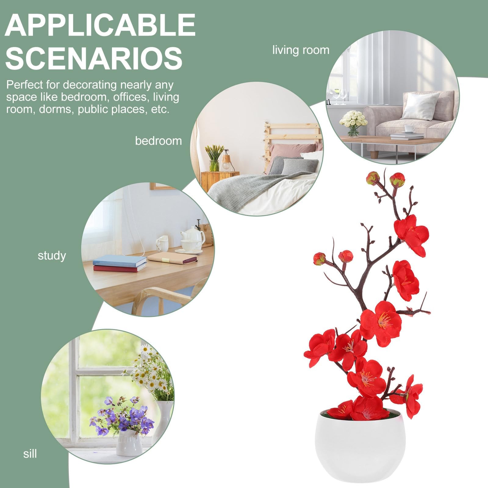 Artificial Plum Blossom Bonsai 11.81In Faux Potted Plant – Lifelike Red Bloom…