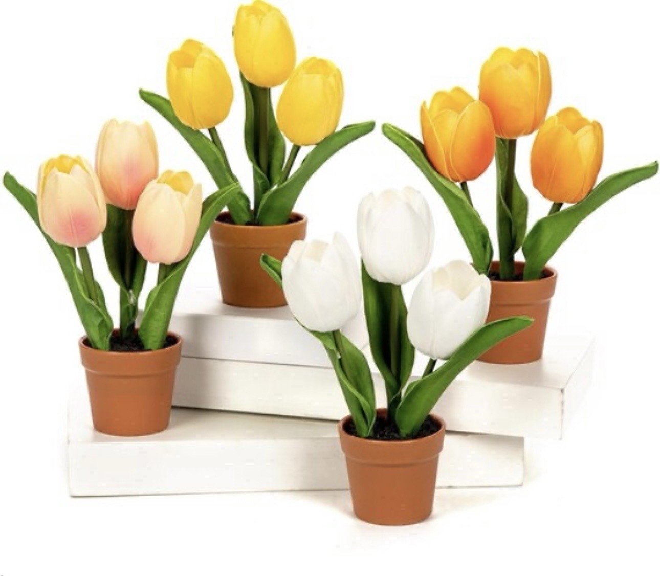 Artificial Tulip Arrangement with Terracotta-Like Plastic Pot 8 Inch – 4-Pack