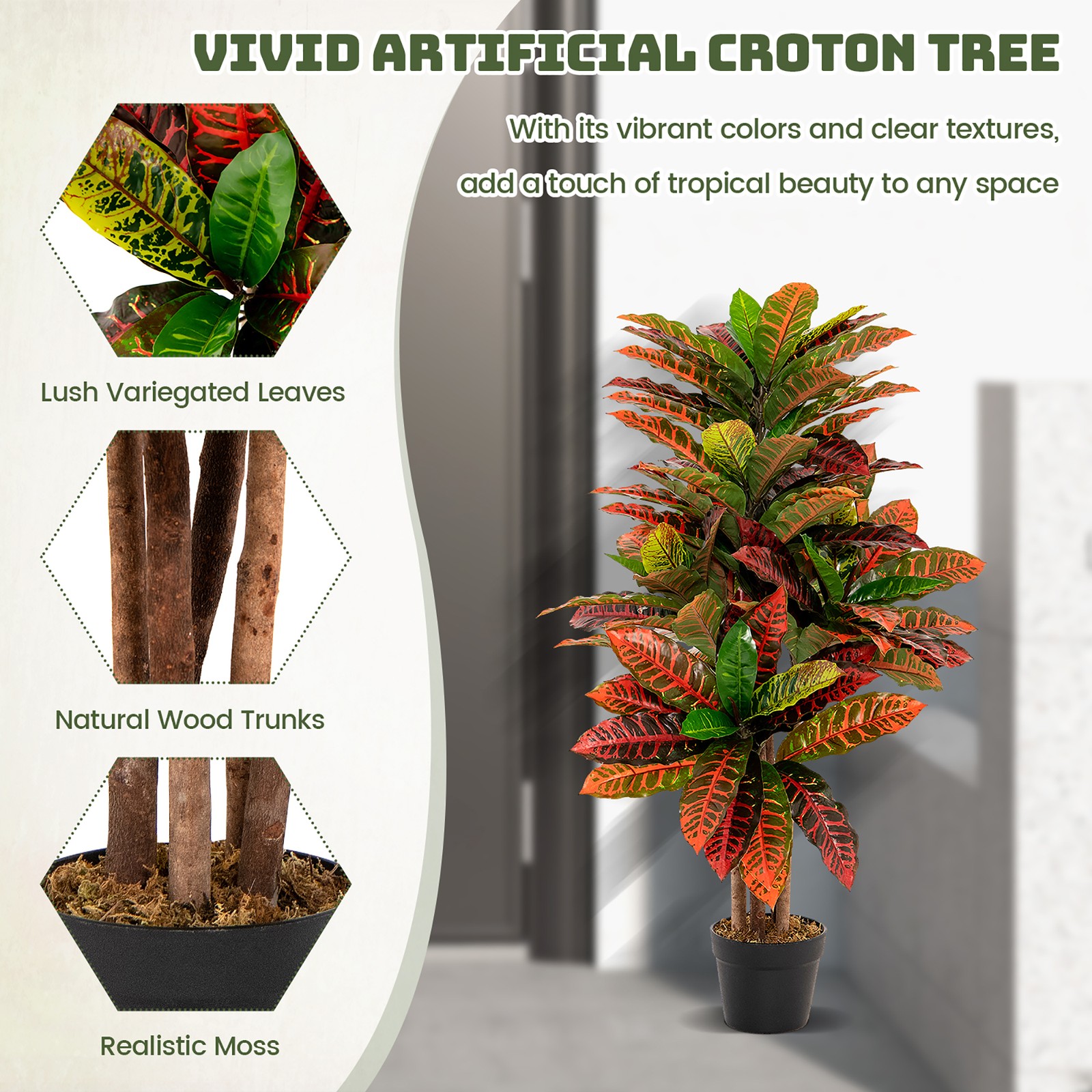 40” Tall Artificial Croton Plant w/ Colorful Variegated Leaves & Natural Wood