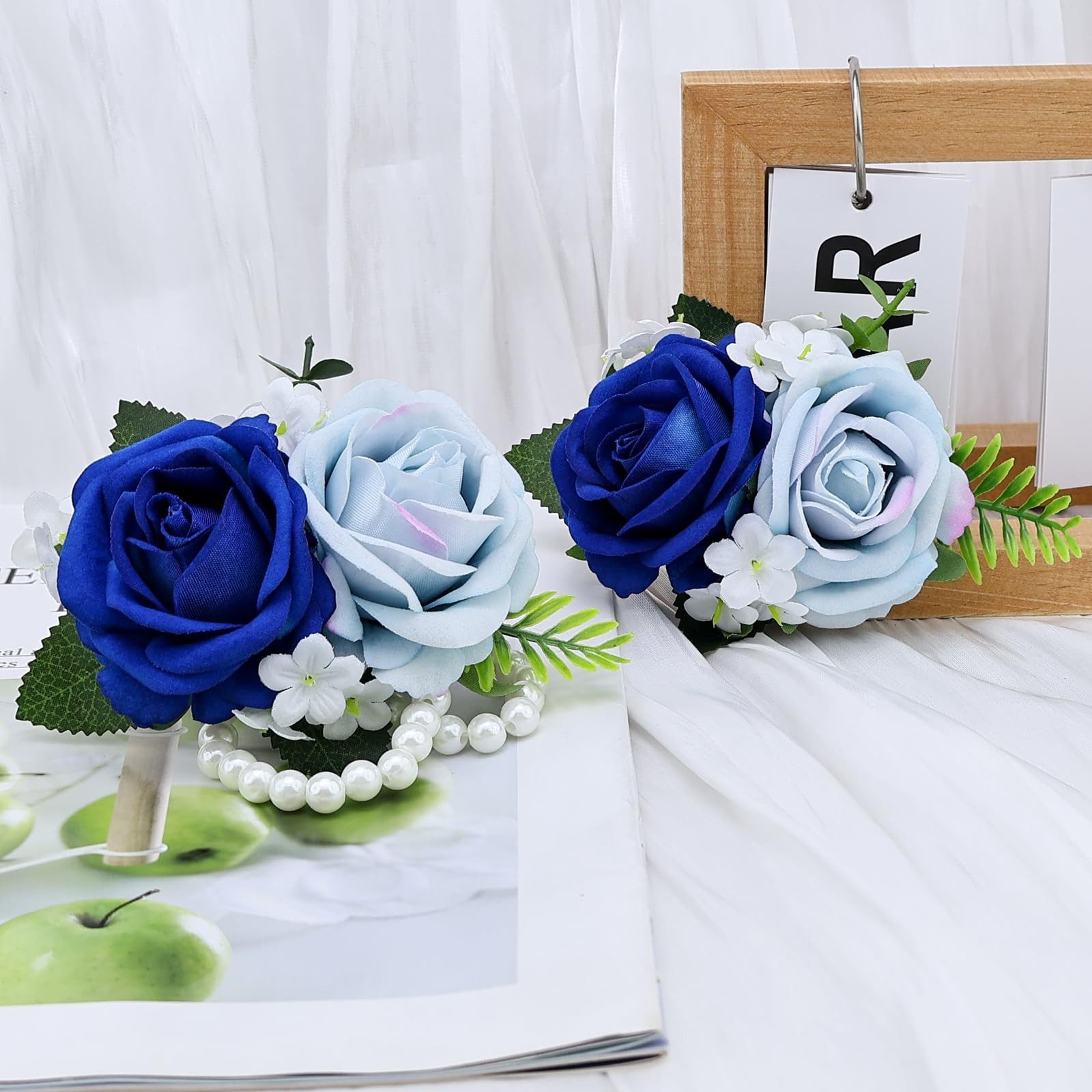 2Pcs Light Blue Blue Rose Wrist Corsage Wristlet Band and Boutonniere Set, f…