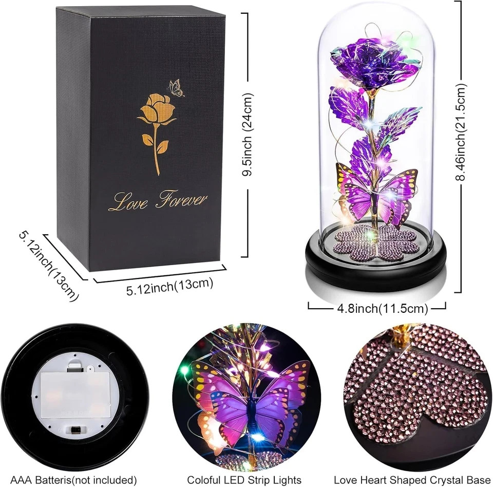 Crystal Flower Light Up Rose in Glass Dome with Butterfly | Valentine Gifts