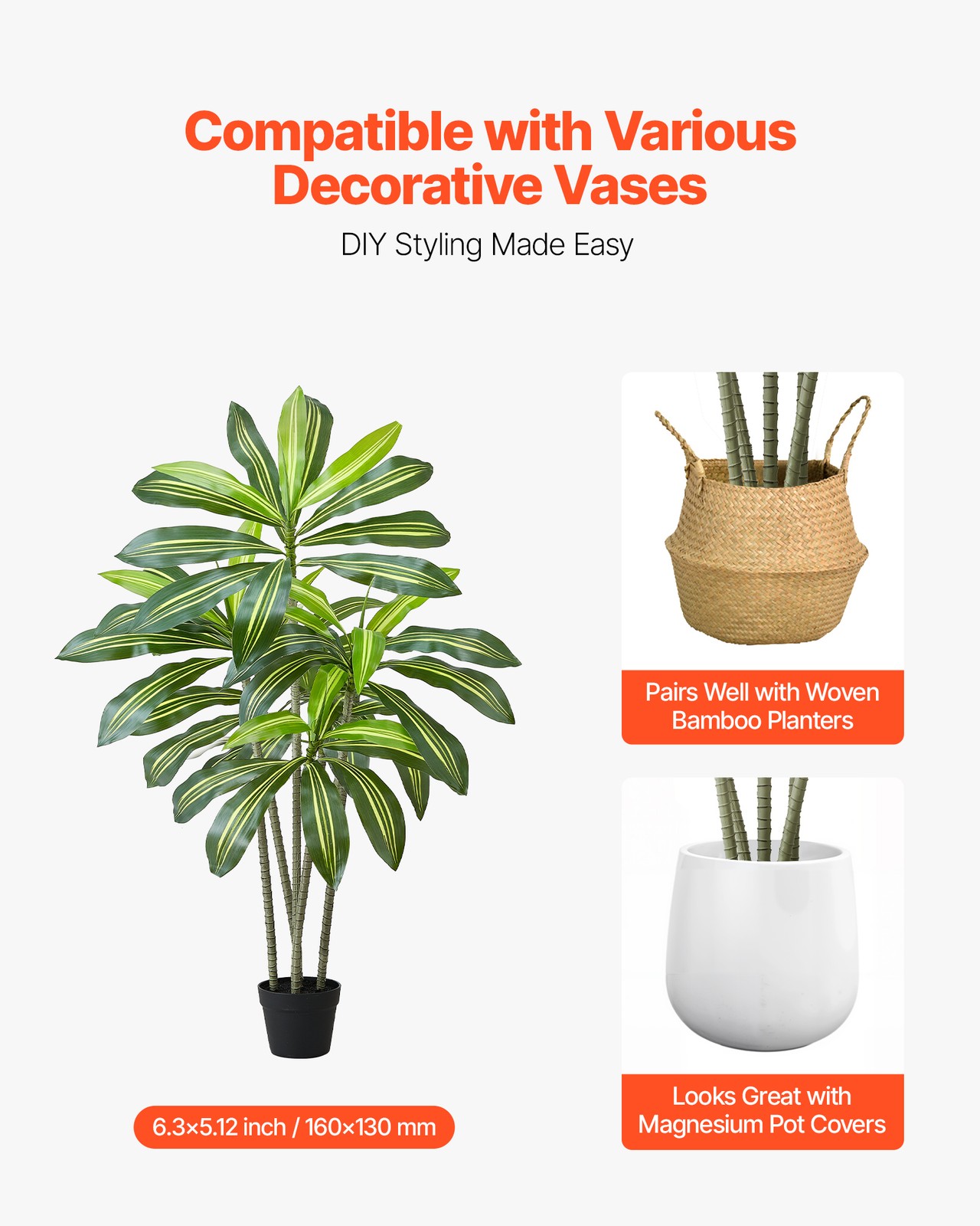 VEVOR 5ft Artificial Dracaena Tree Fake Plant with White Planter Indoor