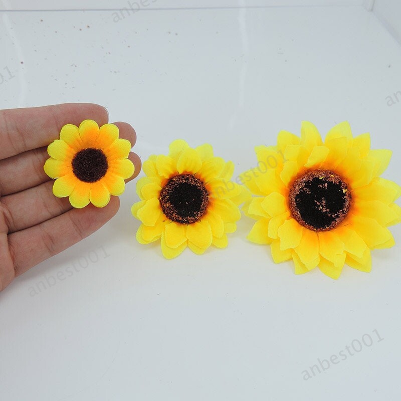 50pcs Mini Artificial Flower Silk Sunflower Head Gift Box Yellow Daisy Head