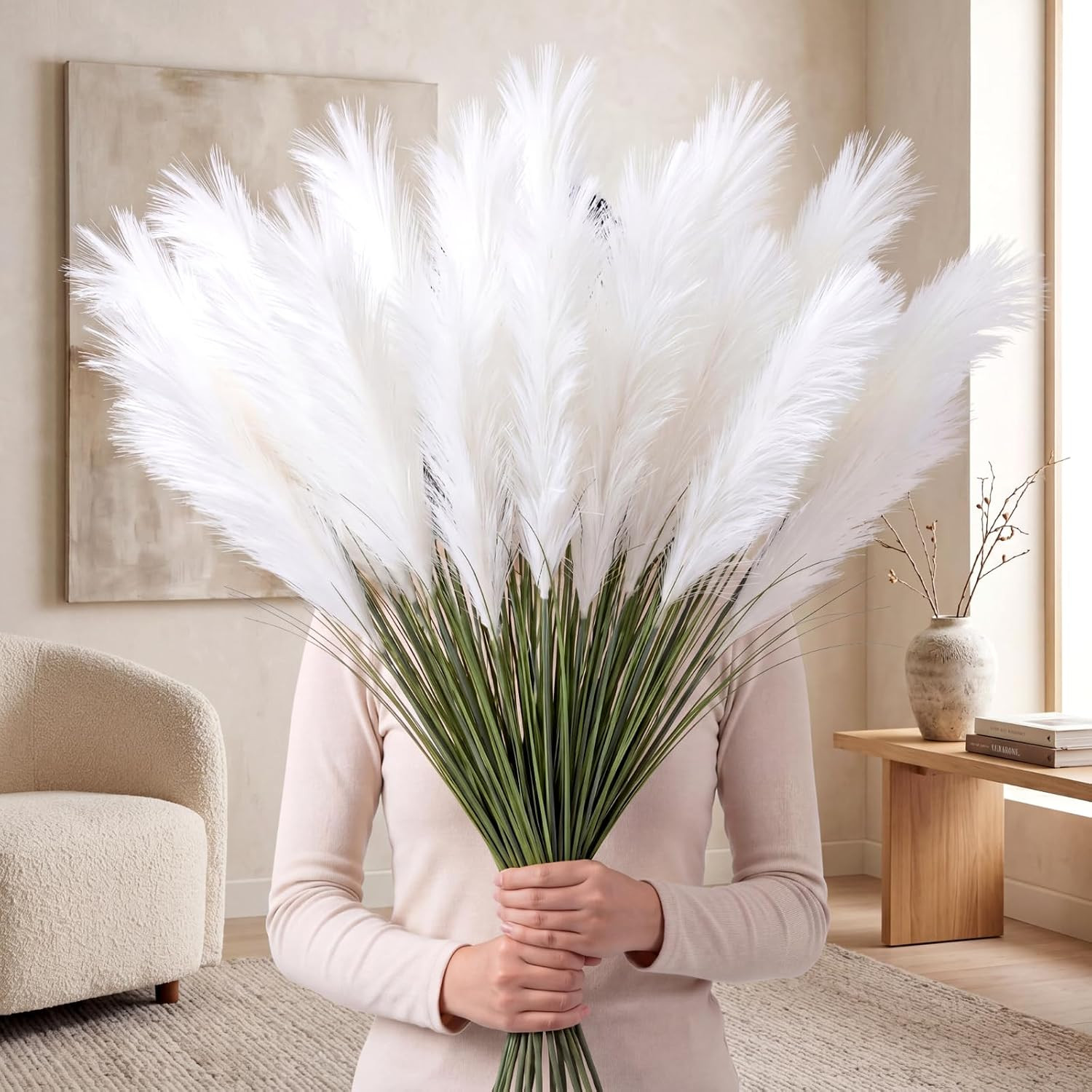 6Pcs 39″ Large Artificial Plants with 3 Heads White Faux Fake Reed Pampas Grass
