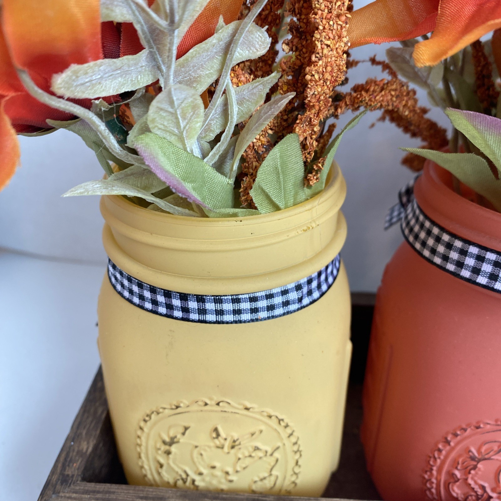 Painted Mason Jars Floral Decor In Tray Light Weight Fall Colors Checked Bows