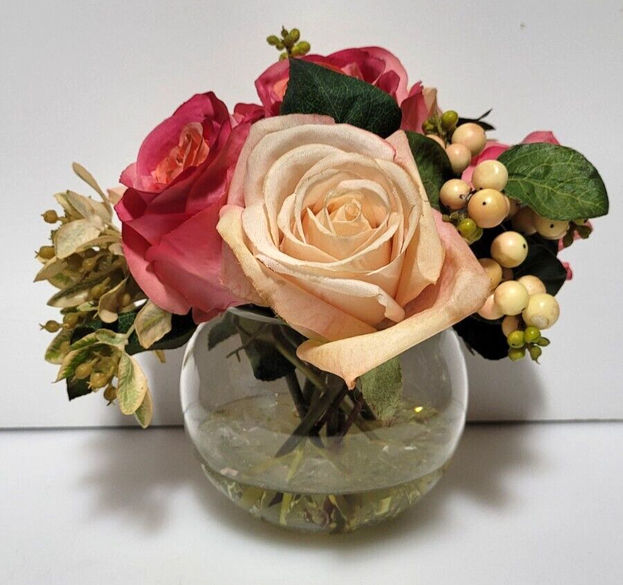 Flower Display Faux Pink Roses in Glass Rose Bowl Ornament Resin Water 8 x 8”