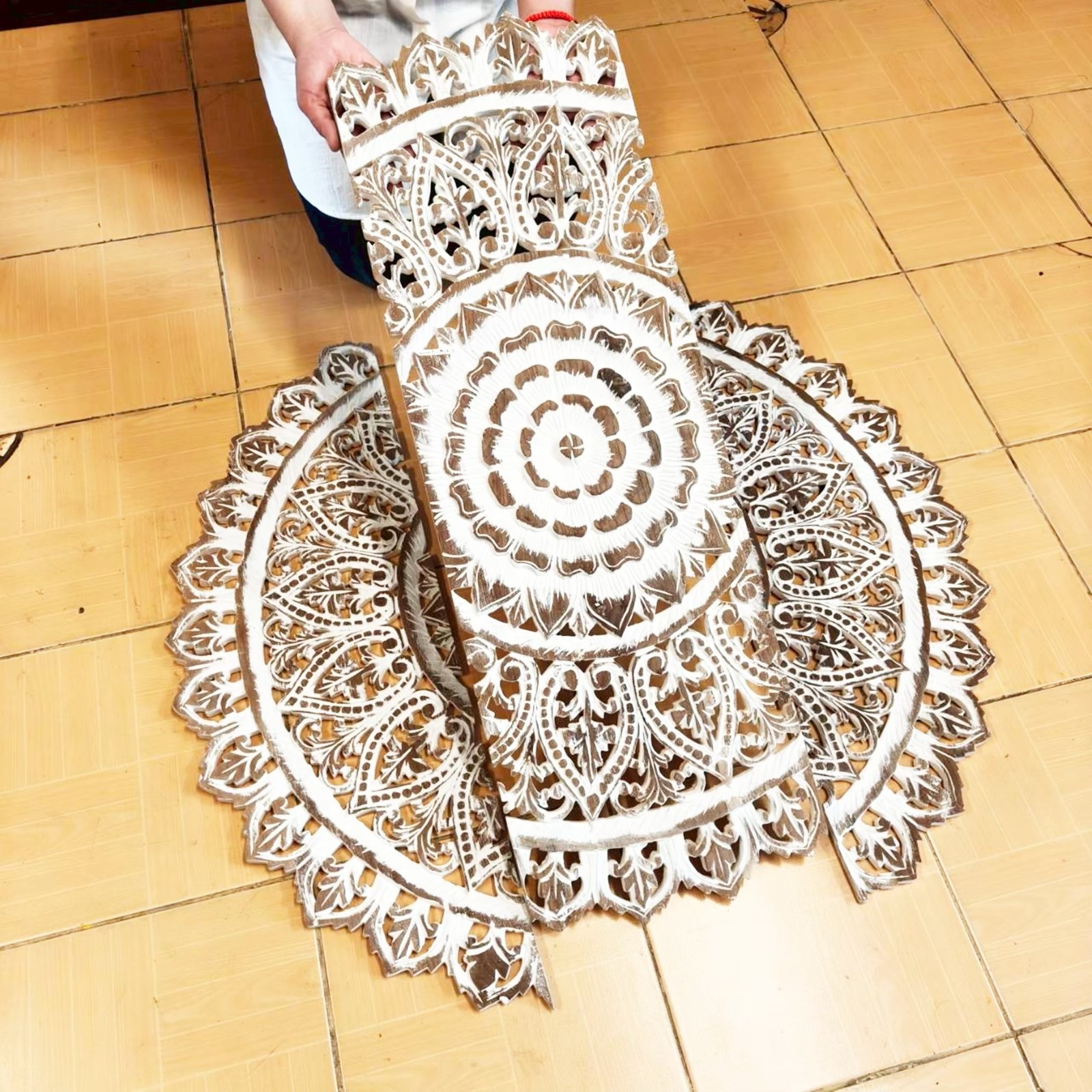 36″ Large Round White Wash Wood Mandala Wall Art Shabby Chic Decor #E