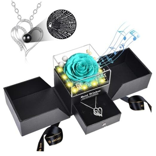 Gifts for Women – Preserved Real Rose with I Love You Heart Negro Blue