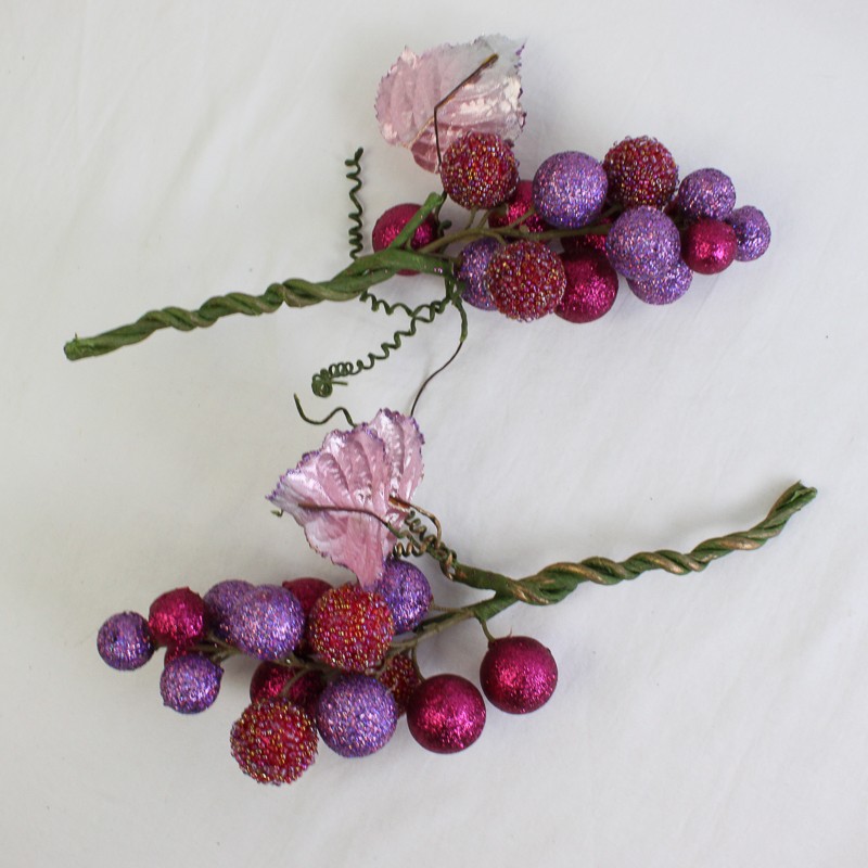 Lot of 2 Clusters of Glitter-Coated Berry Stems Purple and Red 10″ Tall