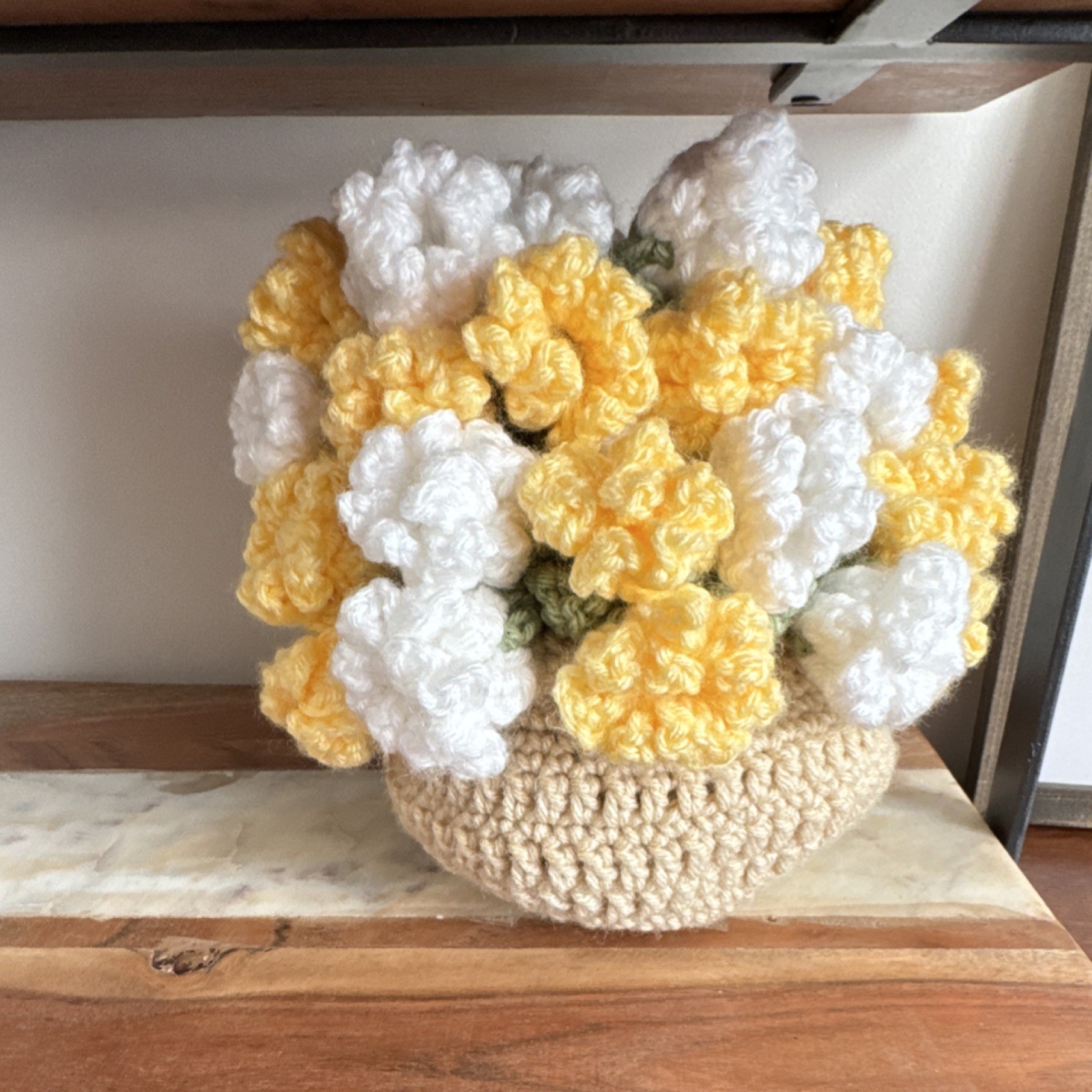 Handmade Crochet Flower Basket Arrangement Yarn Yellow White Green Beige