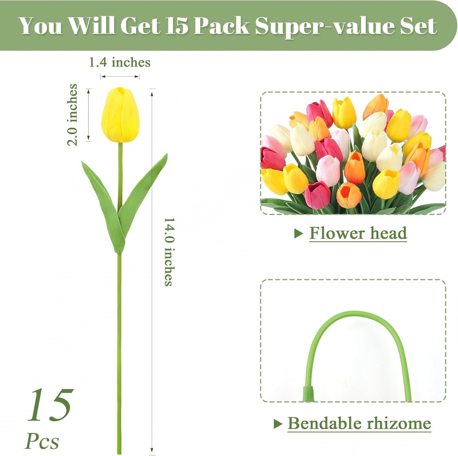 Fake Flowers Tulips Artificial PU Flower 15pcs Real Touch 14″ for Spring East…