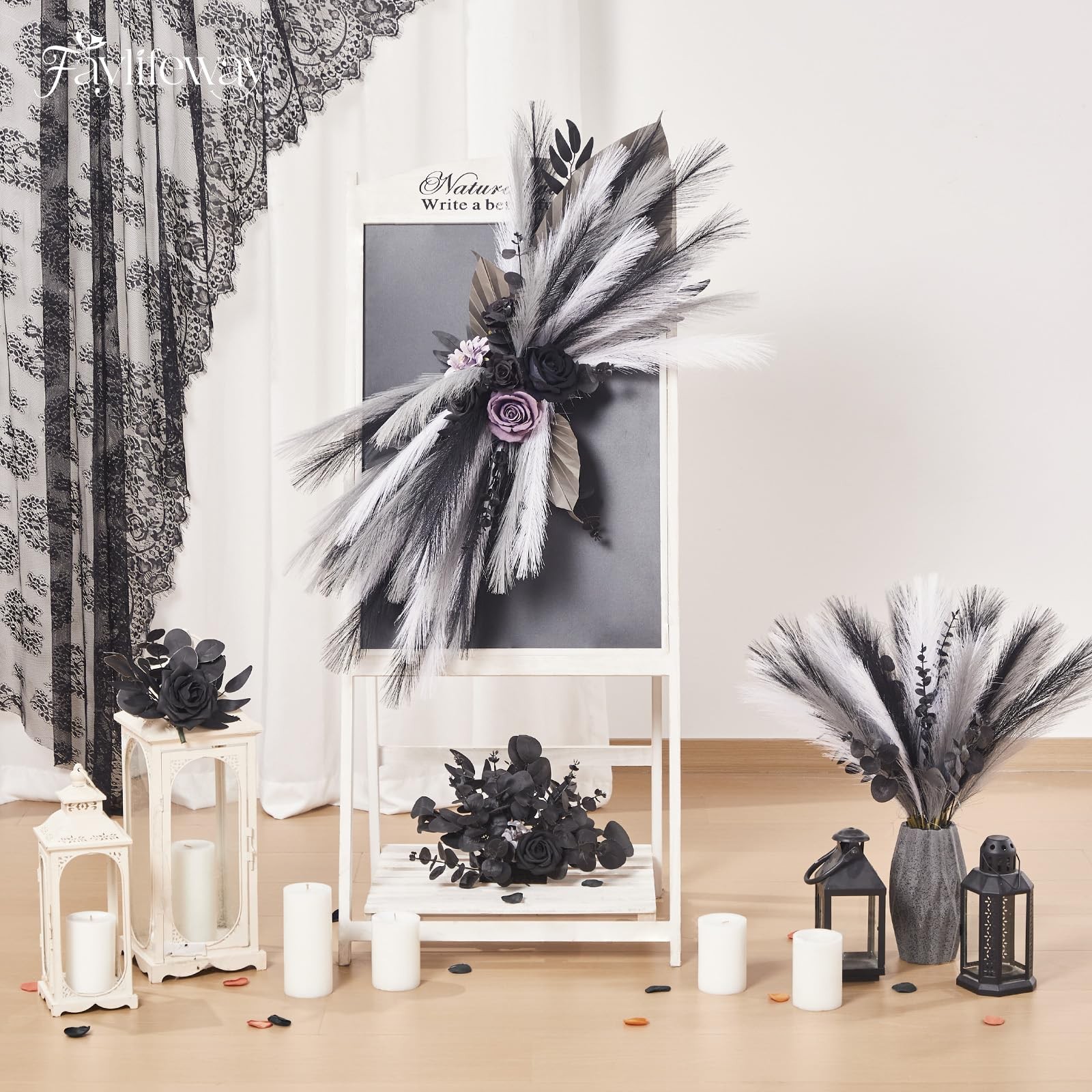 50pcs Pampas Grass 17in, Black and White Pampas Grass Artificial Fluffy Vase …
