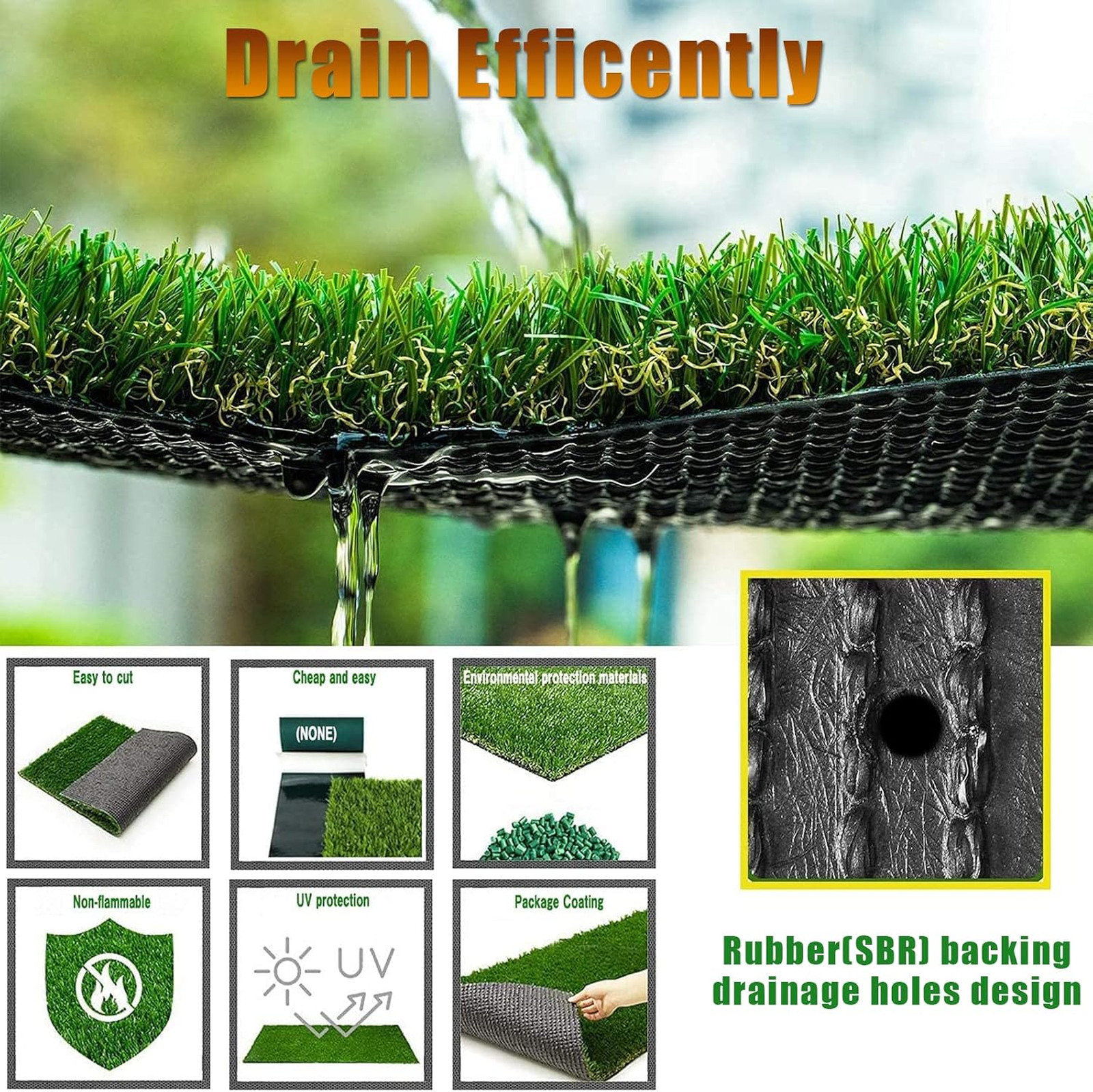 Natural Artificial Grass Turf 4 FT x 10 FT, Customized Sizes Thick Faux Grass