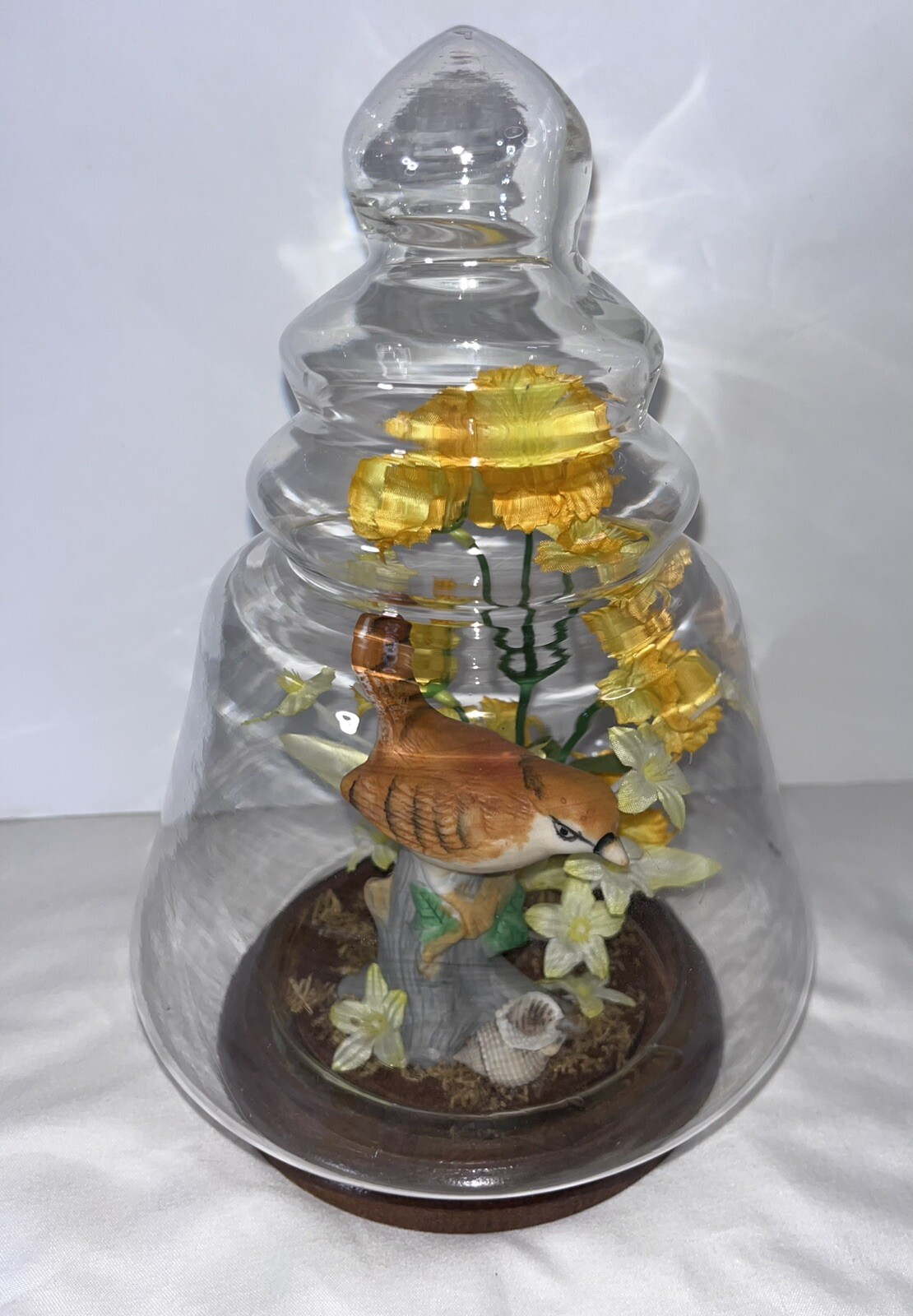 Vintage Floral Cloche Dome Terrarium Dried Silk Flowers & Bird on Wood Base