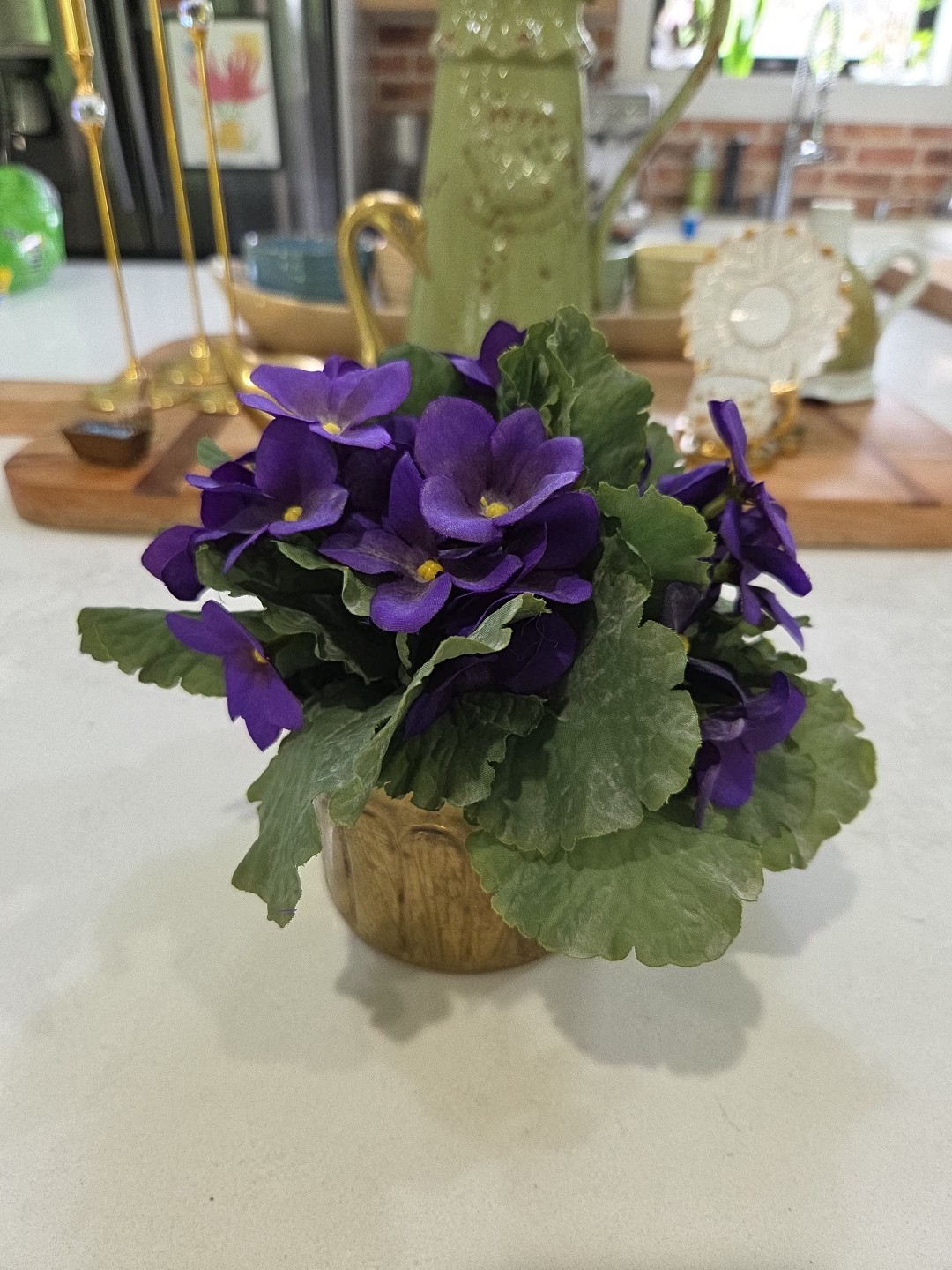 Artificial Miniature African Violet Silk Flowers In Solid Brass Pot Plant Decor