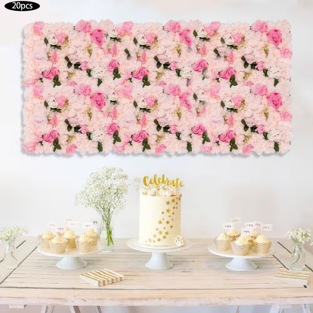 15.75 In. X 23.62 In. 20-Pieces Pale Pink Artificial Rose Flowering Plants Wall