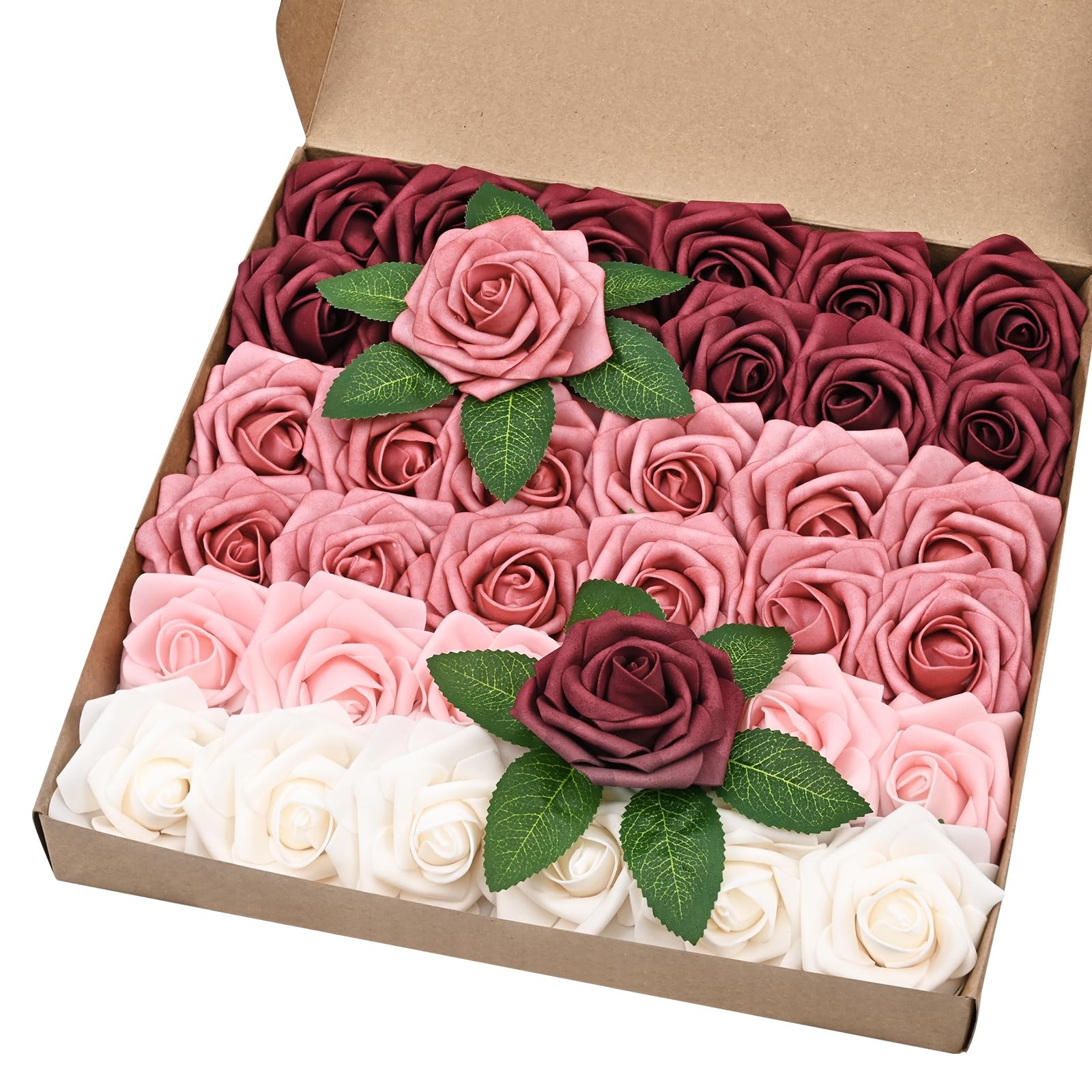 36Pcs Artificial Flowers Fake Roses with Stems, Gradient Burgundy Boxed Foam …