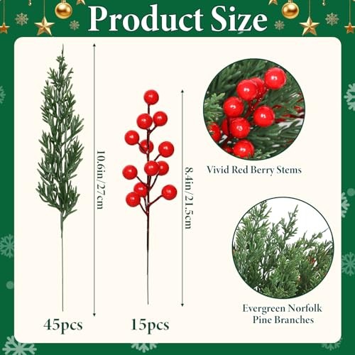 Christmas Artificial Pine Branches Pcs Faux Norfolk Pine Stems with Red 60