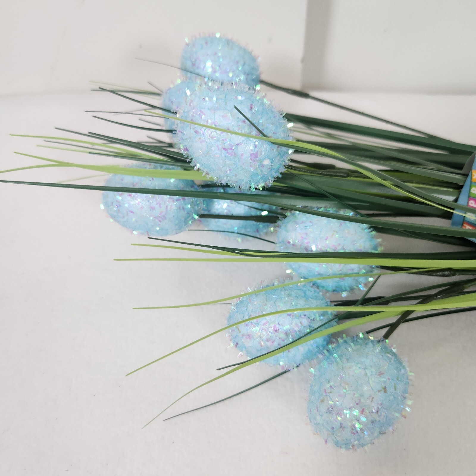 Set of 3 Faux Floral Pick~Onion Grass+Blue Glittery Easter Eggs SPRING DECOR
