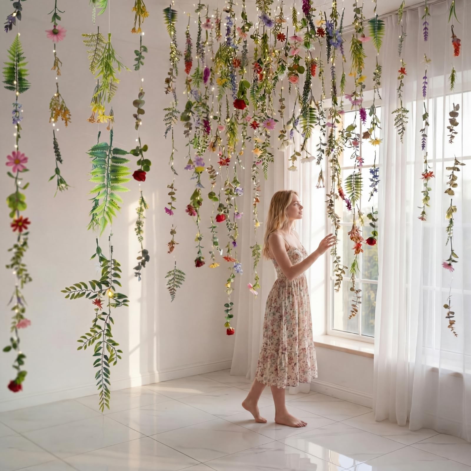 6 Pack 35.4ft Fake Flower Garland Backdrop with Lights Hanging Wildflower Flo…