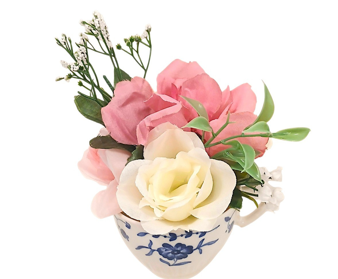 Dainty Pink White Roses Floral Arrangement Tea Party Cup POP-IN Birthday Bridal