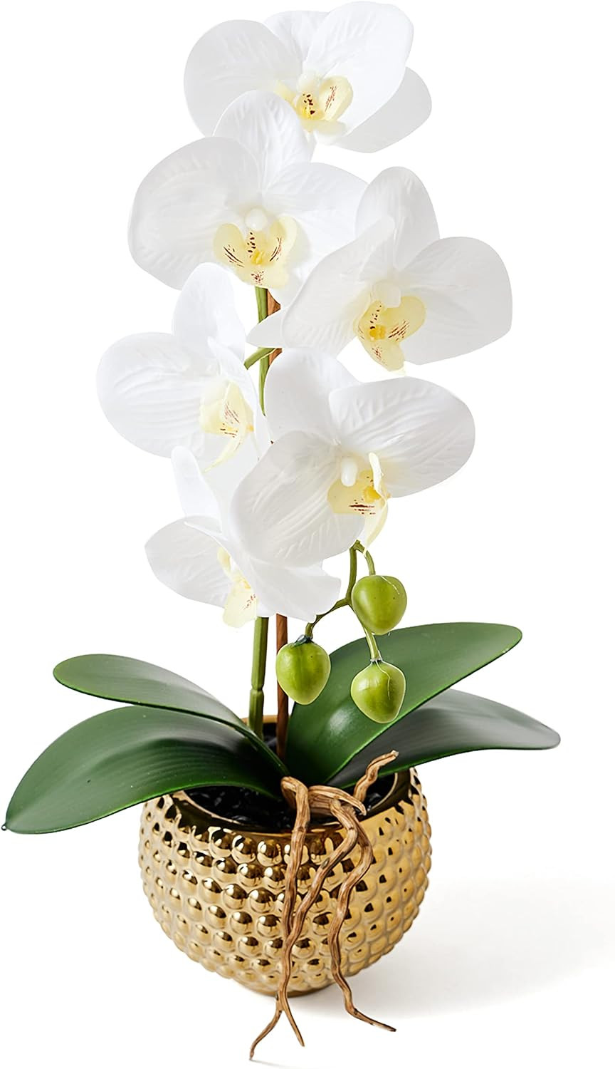 Orchids Artificial Flowers, 15″ Faux Orchid in Gold Flower Pot Real Touch Flower